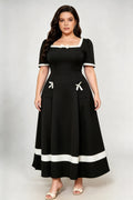 Plus Size Black and White Bow Detail A-Line Maxi Dress with Square Neck