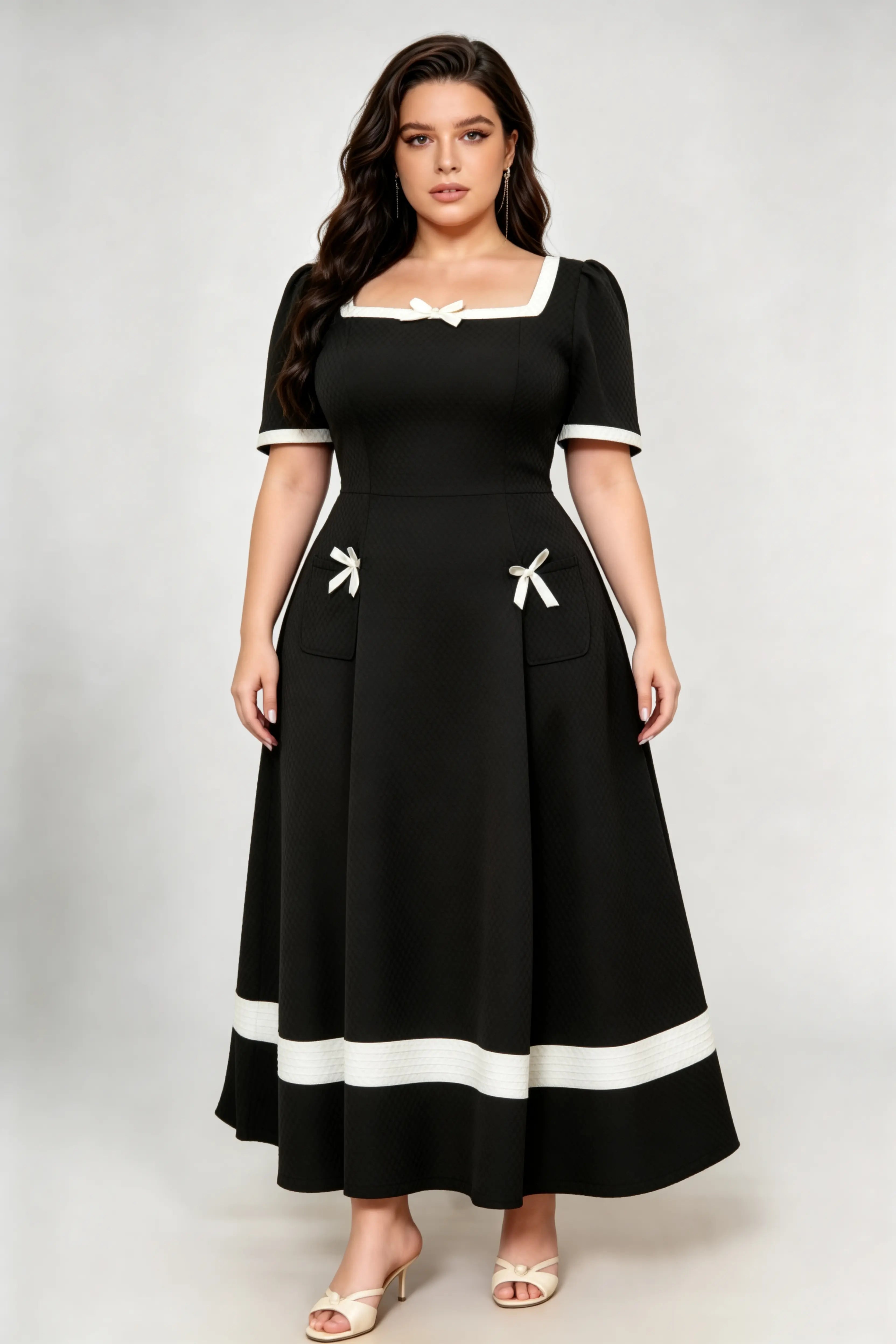 Plus Size Black and White Bow Detail A-Line Maxi Dress with Square Neck