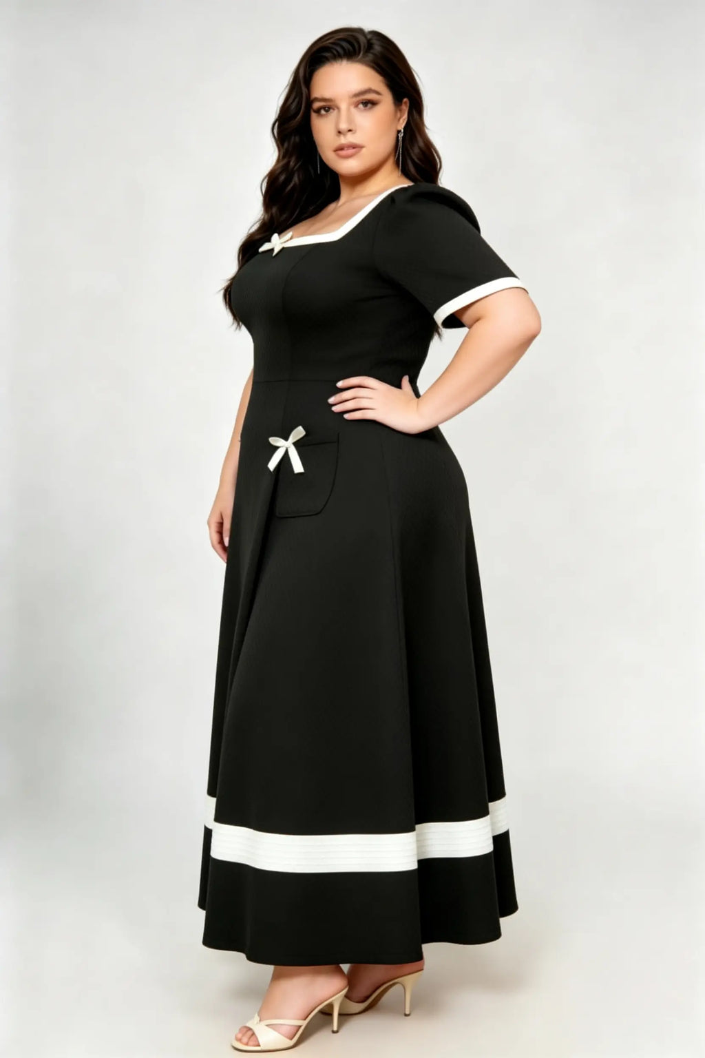 Plus Size Black and White Bow Detail A-Line Maxi Dress with Square Neck