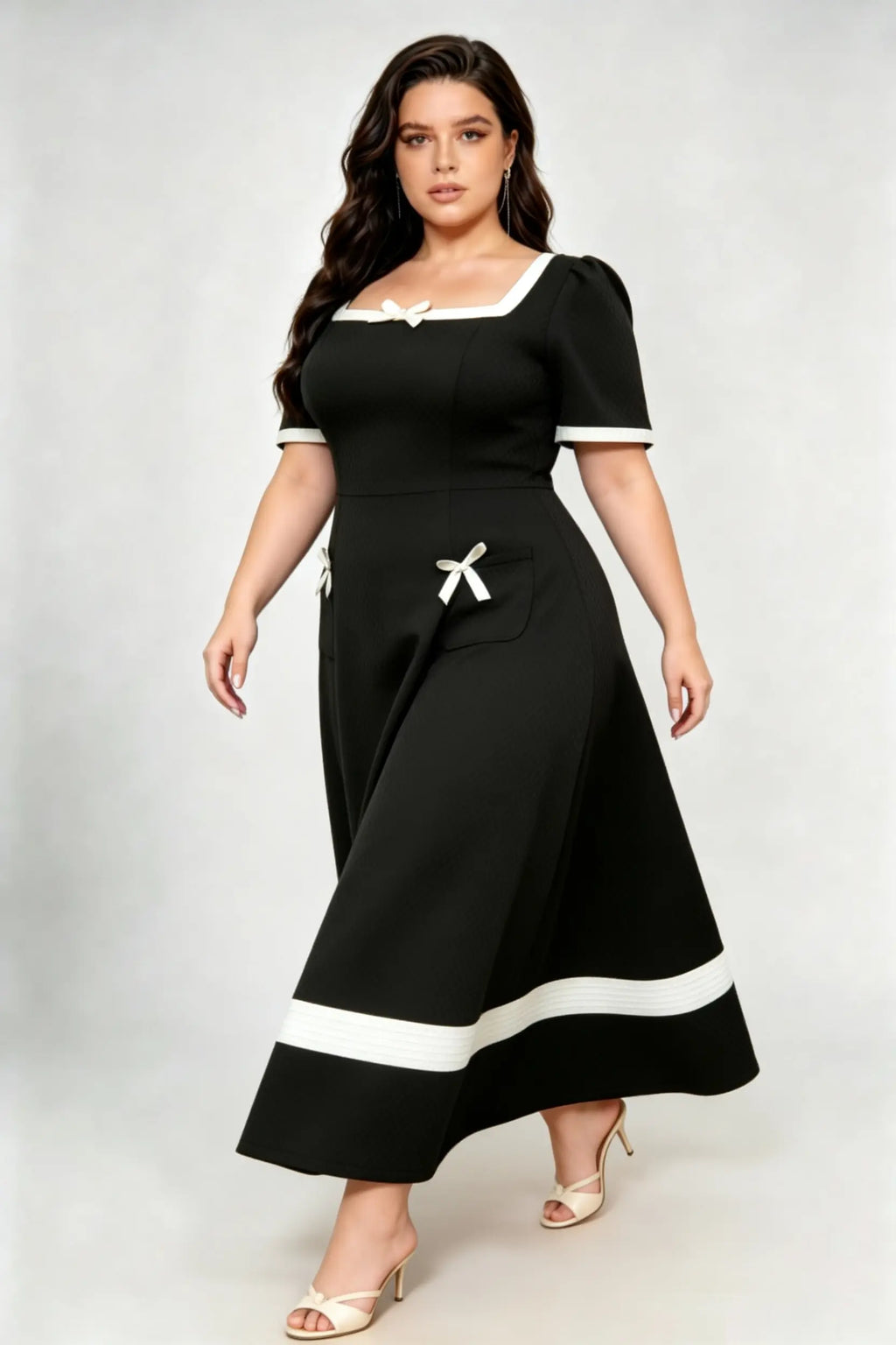 Plus Size Black and White Bow Detail A-Line Maxi Dress with Square Neck