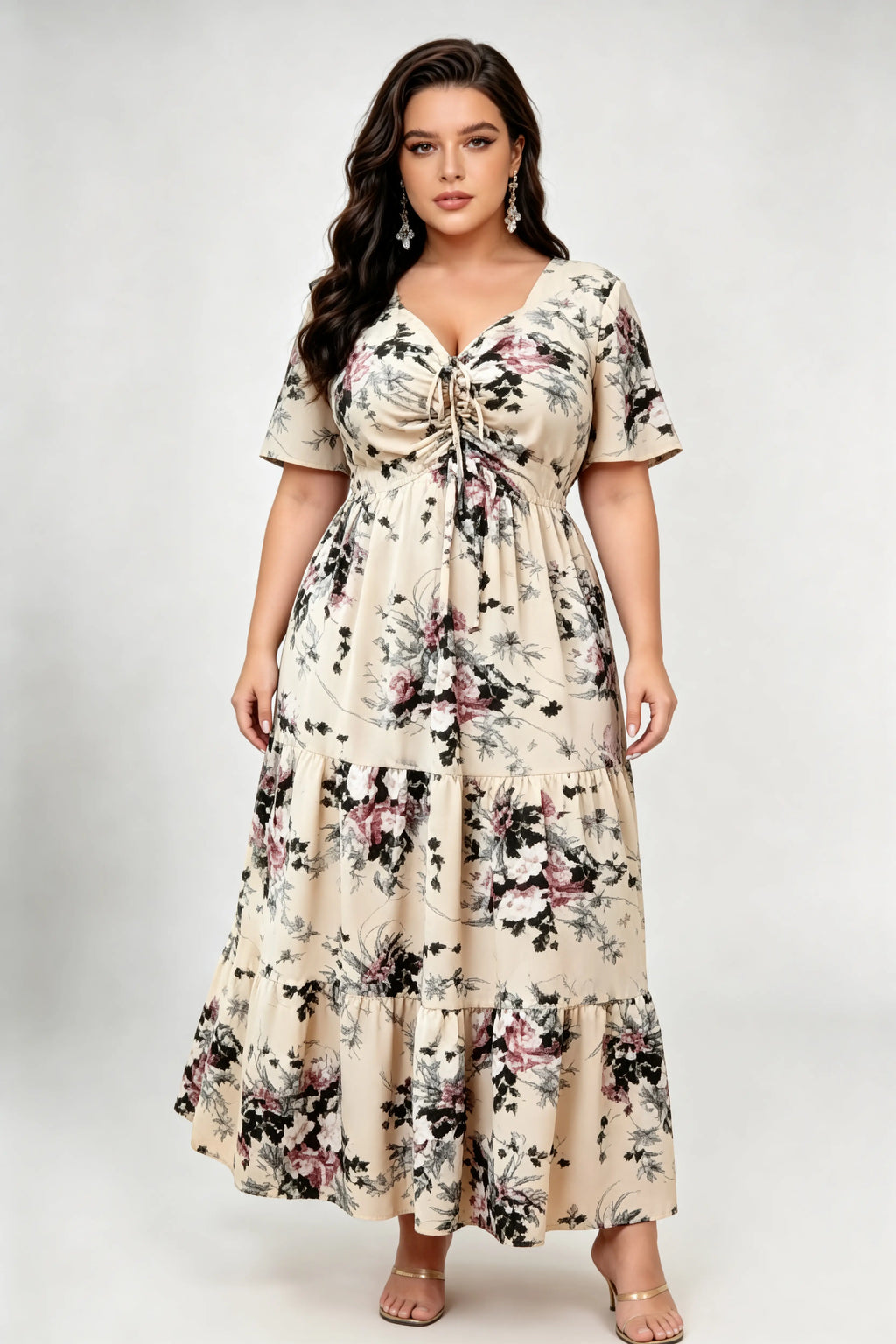 Plus Size Floral Print Tiered Maxi Dress with Lace-Up V-Neck