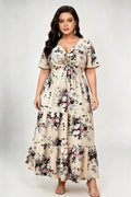 Plus Size Floral Print Tiered Maxi Dress with Lace-Up V-Neck