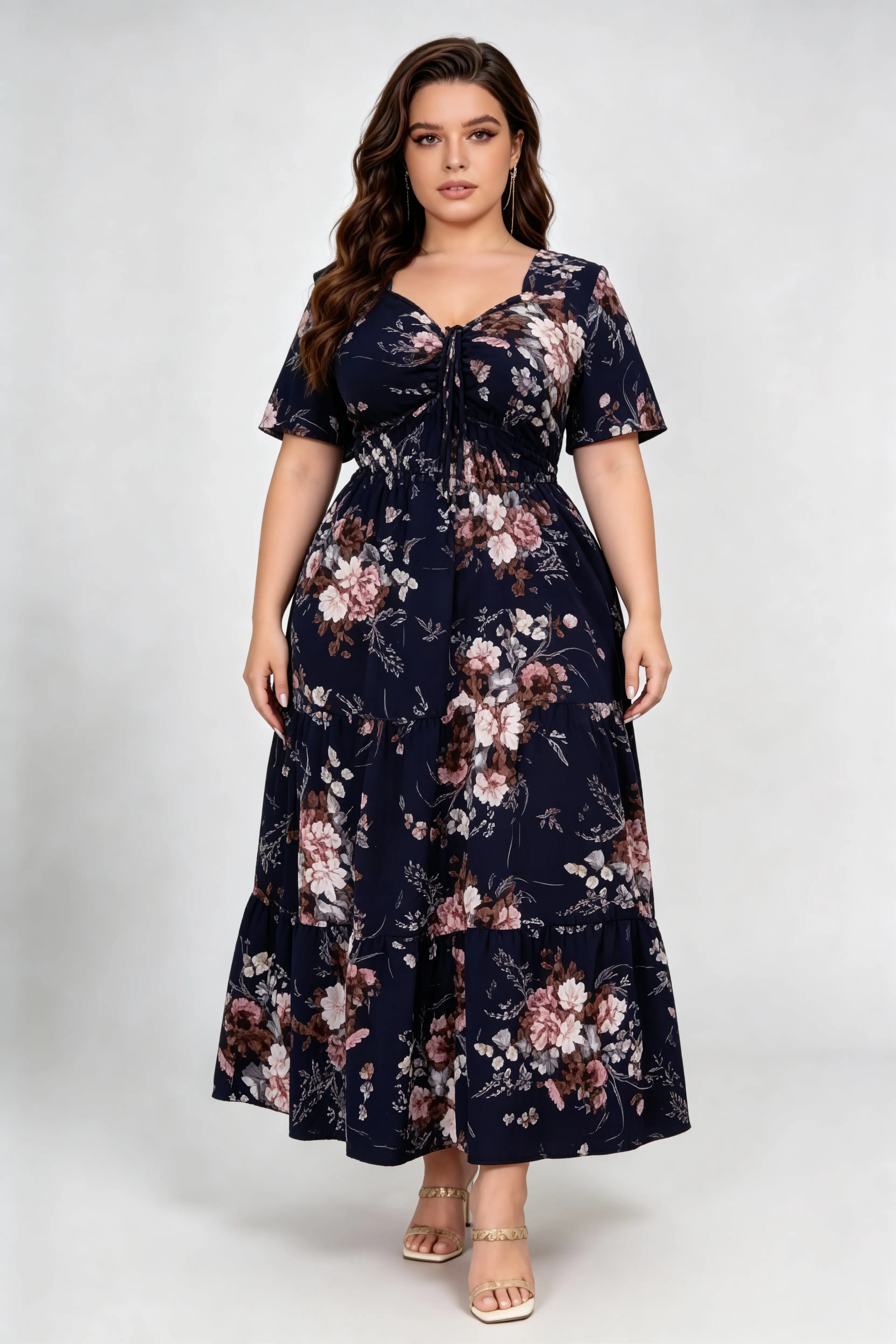 Plus Size Floral Print Tiered Maxi Dress with Lace-Up V-Neck