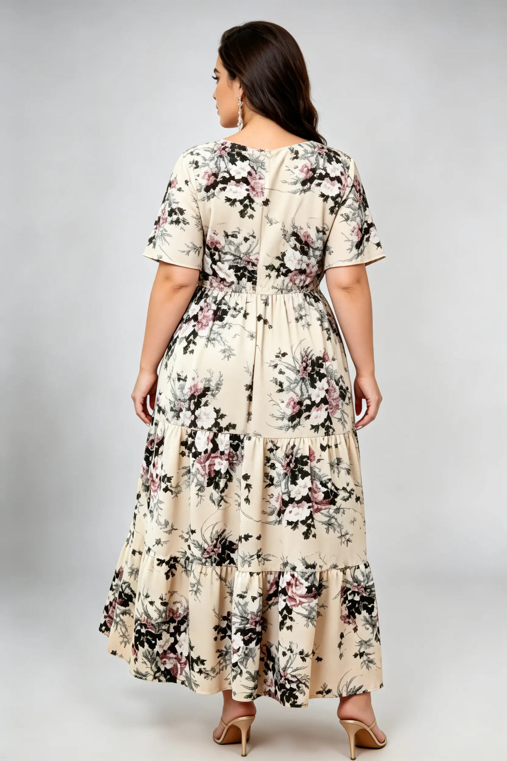 Plus Size Floral Print Tiered Maxi Dress with Lace-Up V-Neck