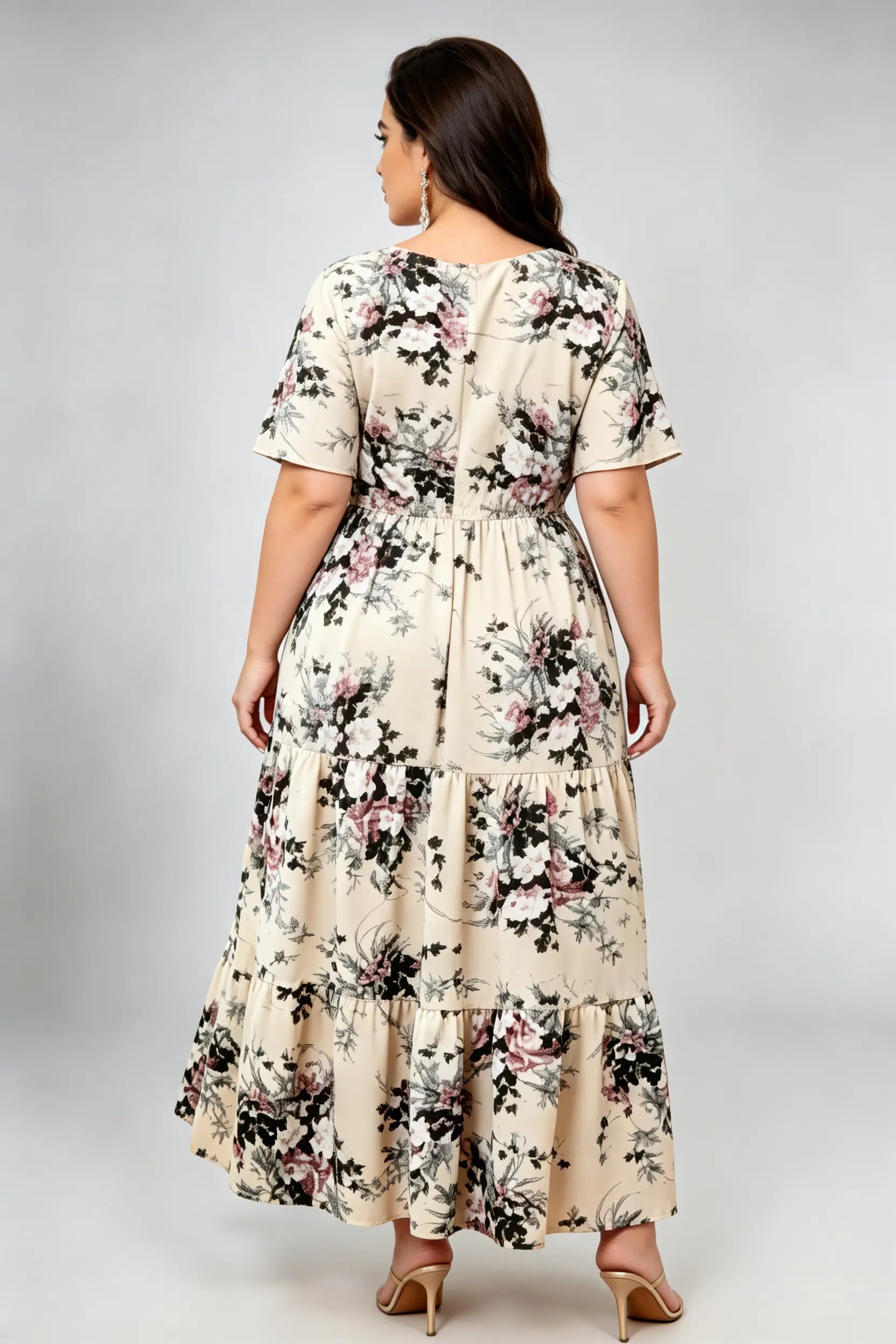 Plus Size Floral Print Tiered Maxi Dress with Lace-Up V-Neck