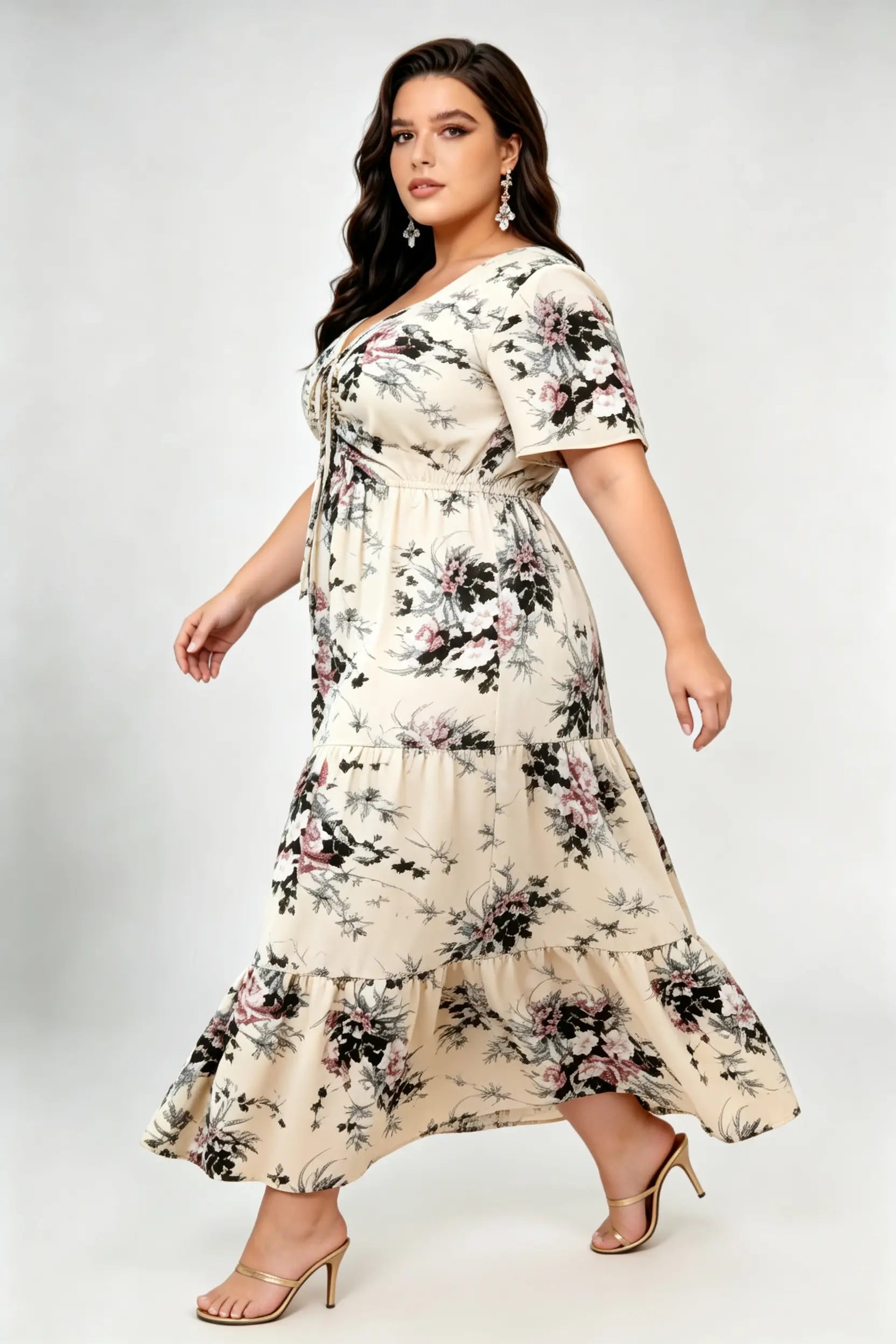 Plus Size Floral Print Tiered Maxi Dress with Lace-Up V-Neck
