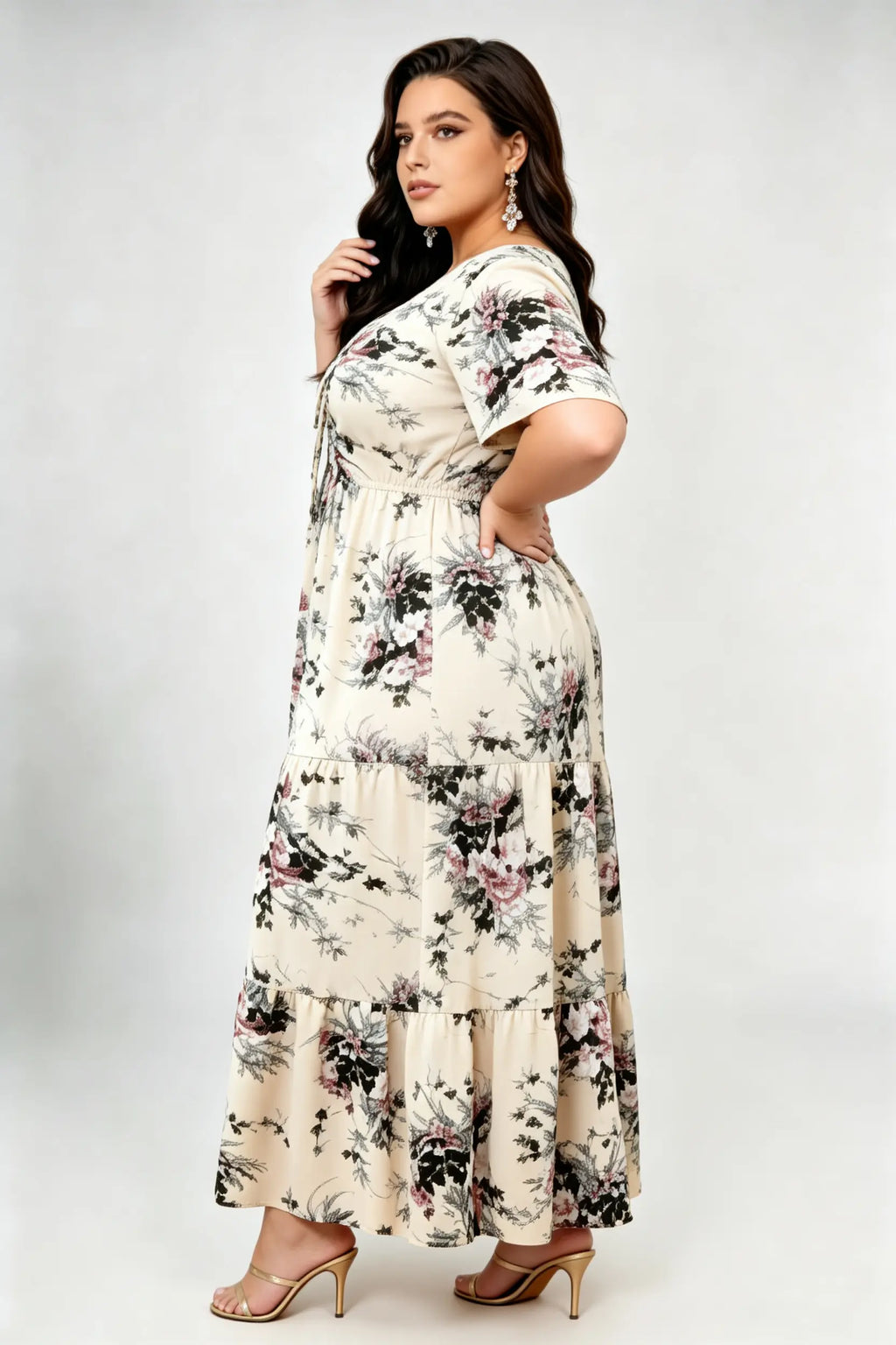 Plus Size Floral Print Tiered Maxi Dress with Lace-Up V-Neck