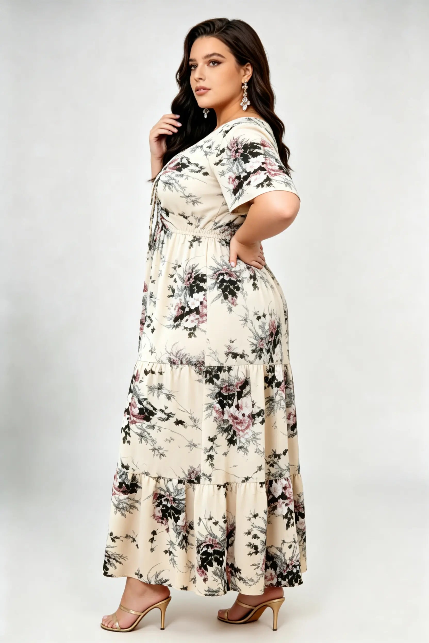 Plus Size Floral Print Tiered Maxi Dress with Lace-Up V-Neck