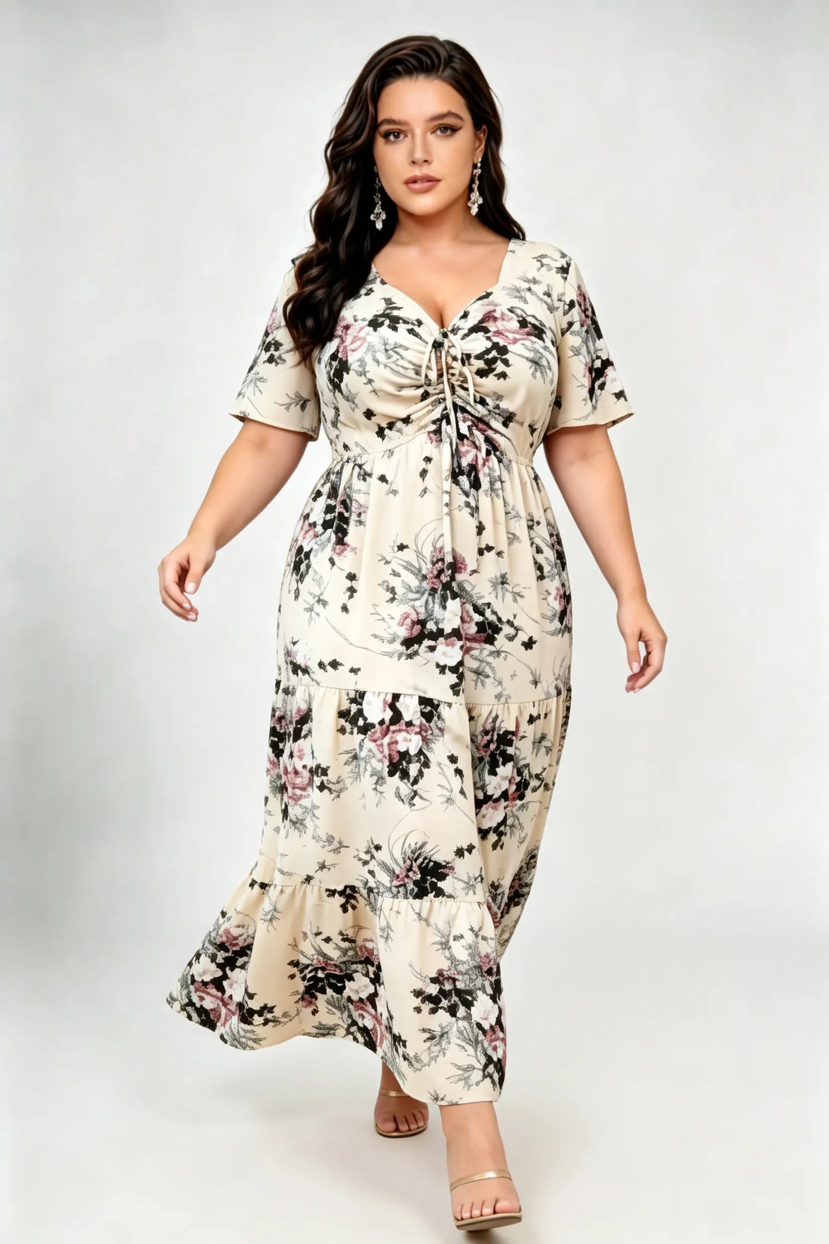 Plus Size Floral Print Tiered Maxi Dress with Lace-Up V-Neck