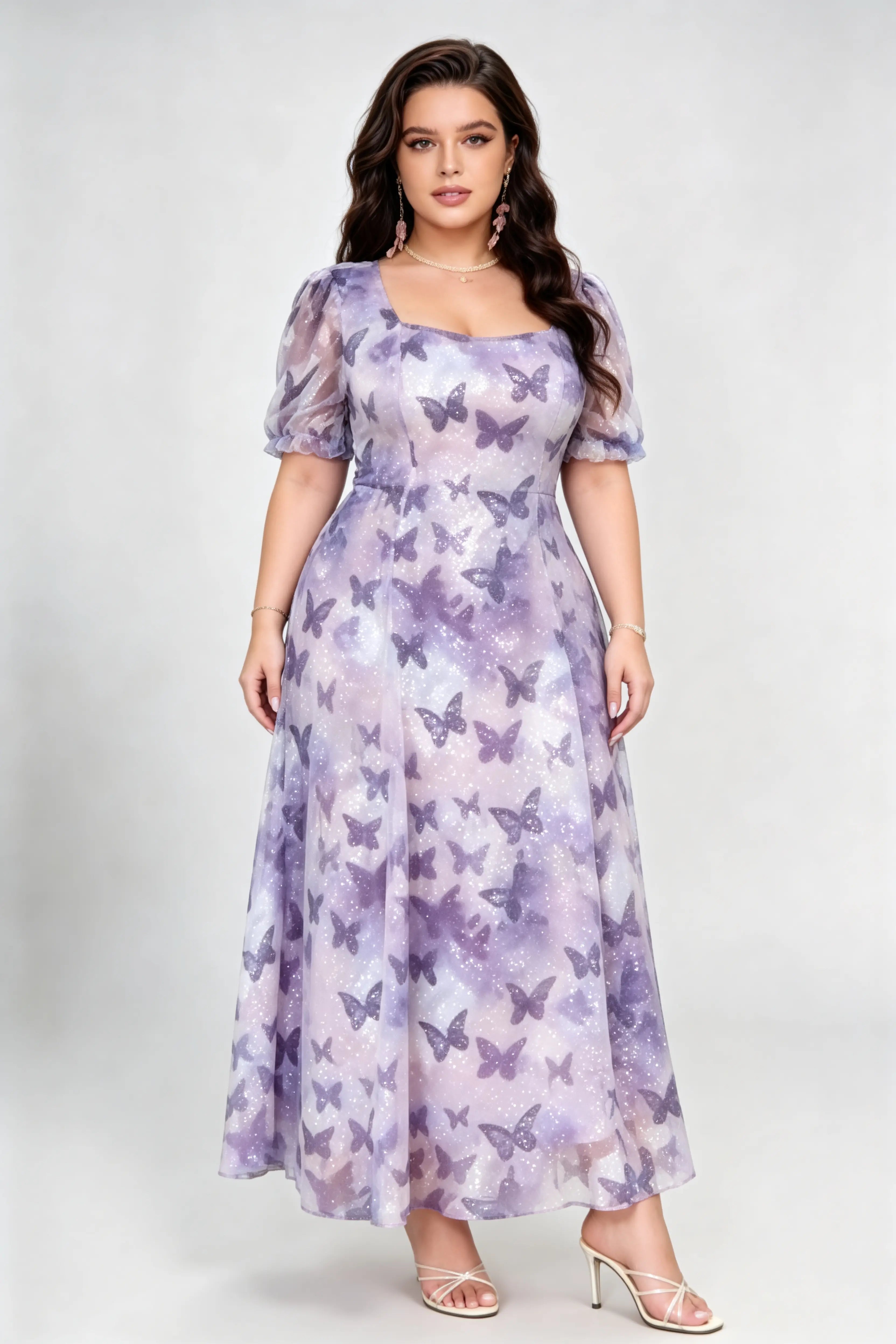 Plus Size Purple Butterfly Print Glitter Tulle Maxi Dress with Square Neck