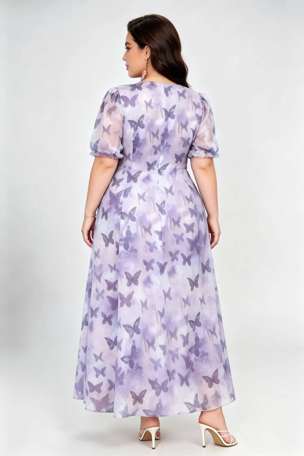 Plus Size Purple Butterfly Print Glitter Tulle Maxi Dress with Square Neck