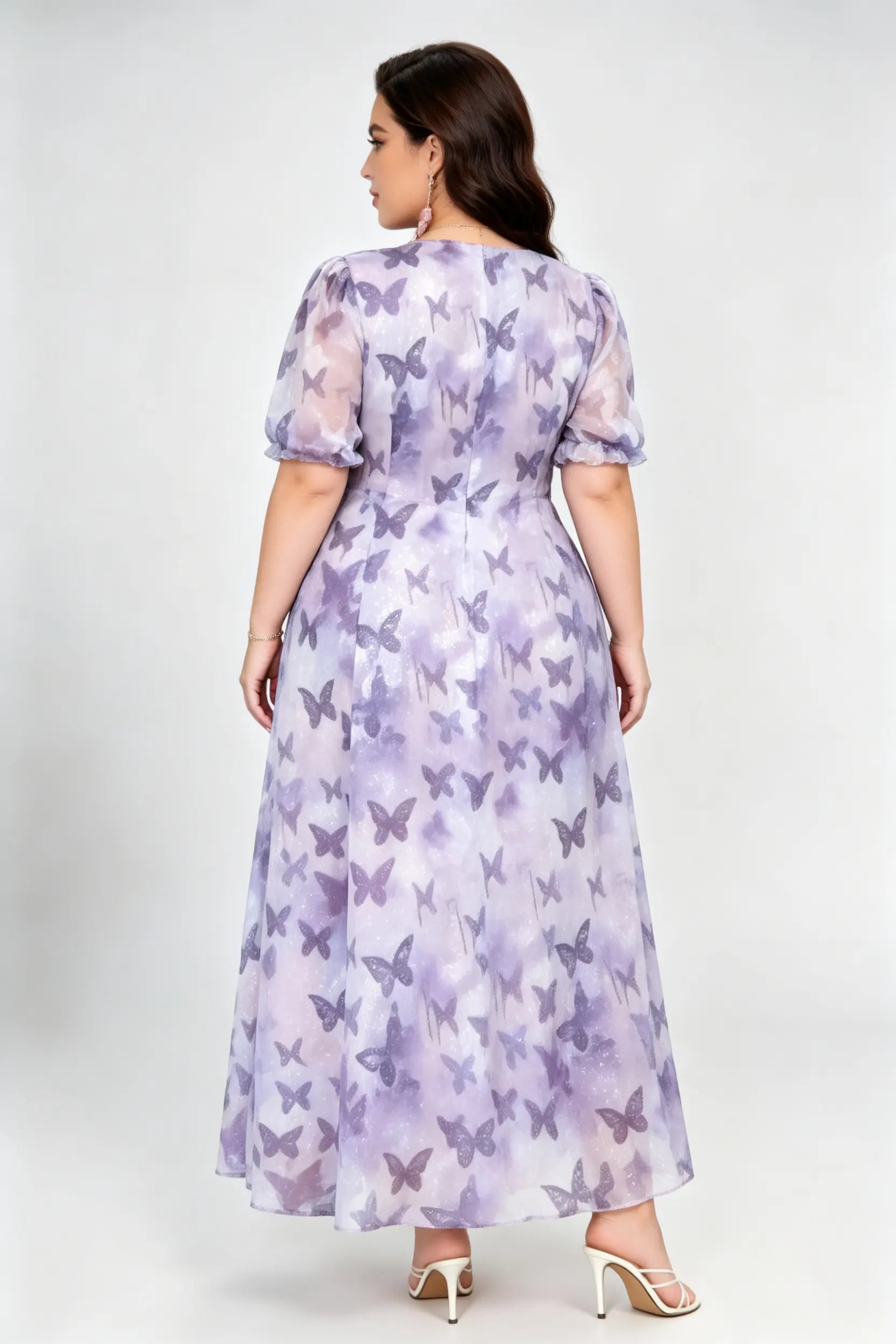 Plus Size Purple Butterfly Print Glitter Tulle Maxi Dress with Square Neck