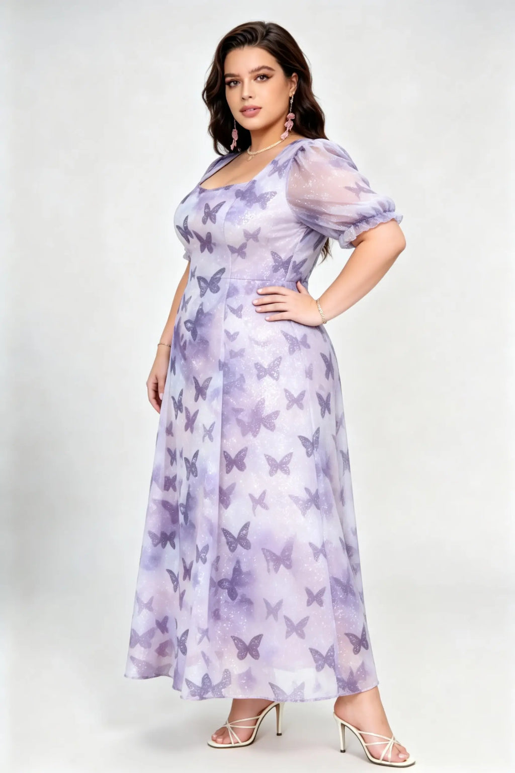 Plus Size Purple Butterfly Print Glitter Tulle Maxi Dress with Square Neck