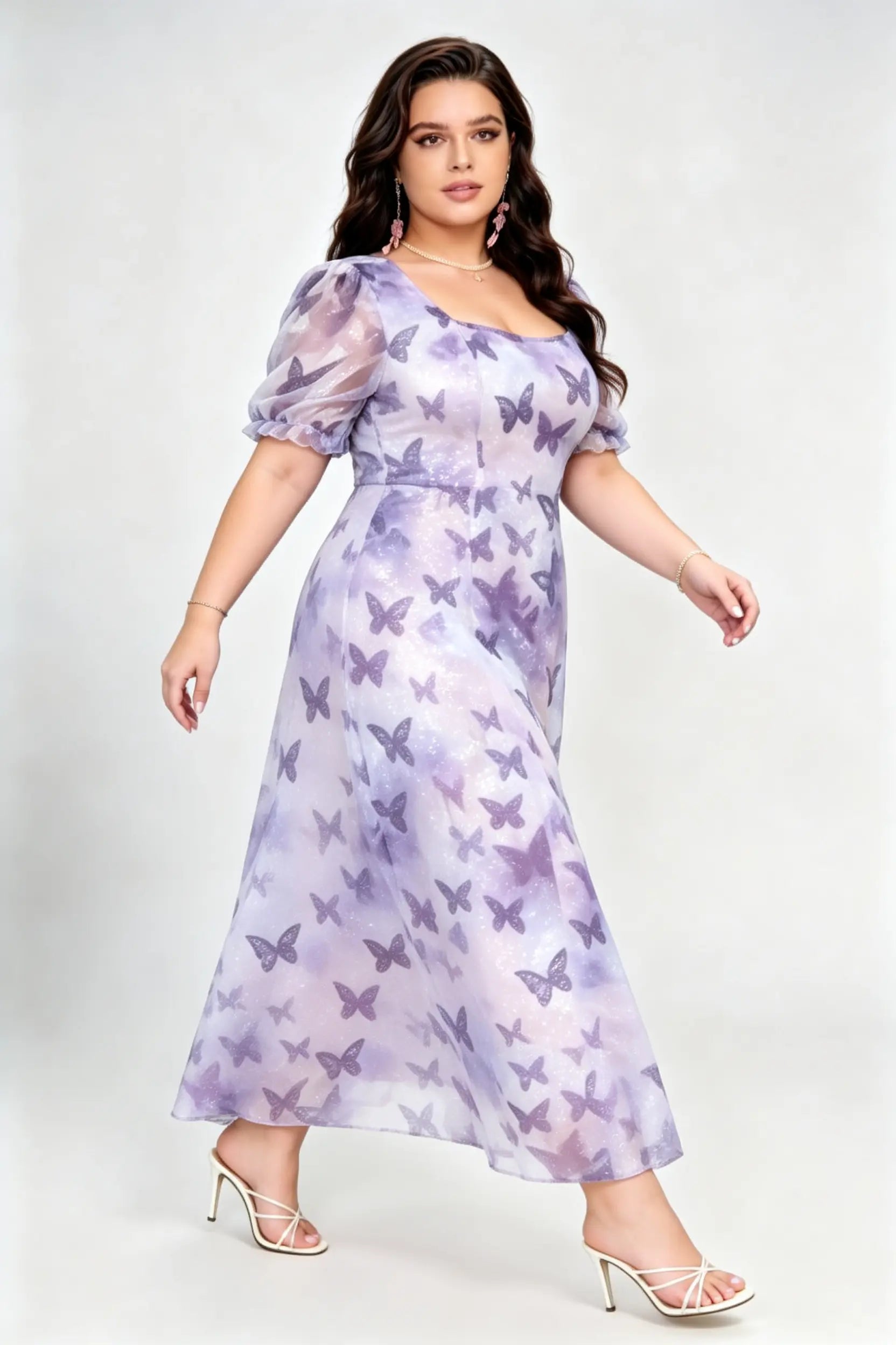 Plus Size Purple Butterfly Print Glitter Tulle Maxi Dress with Square Neck
