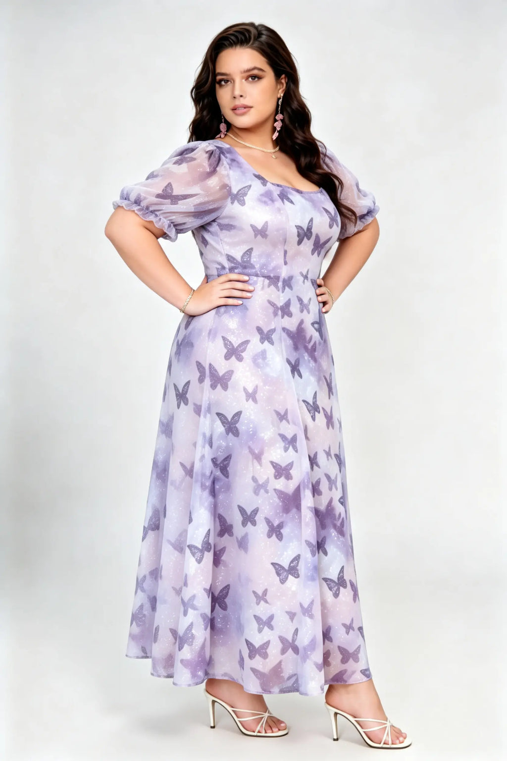 Plus Size Purple Butterfly Print Glitter Tulle Maxi Dress with Square Neck