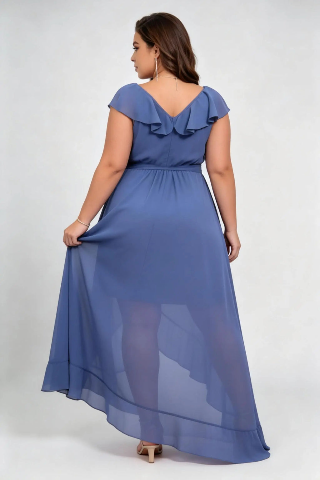 Plus Size Chiffon Ruffled Wrap Maxi Bridesmaid Dress with High Slit & Waist Tie