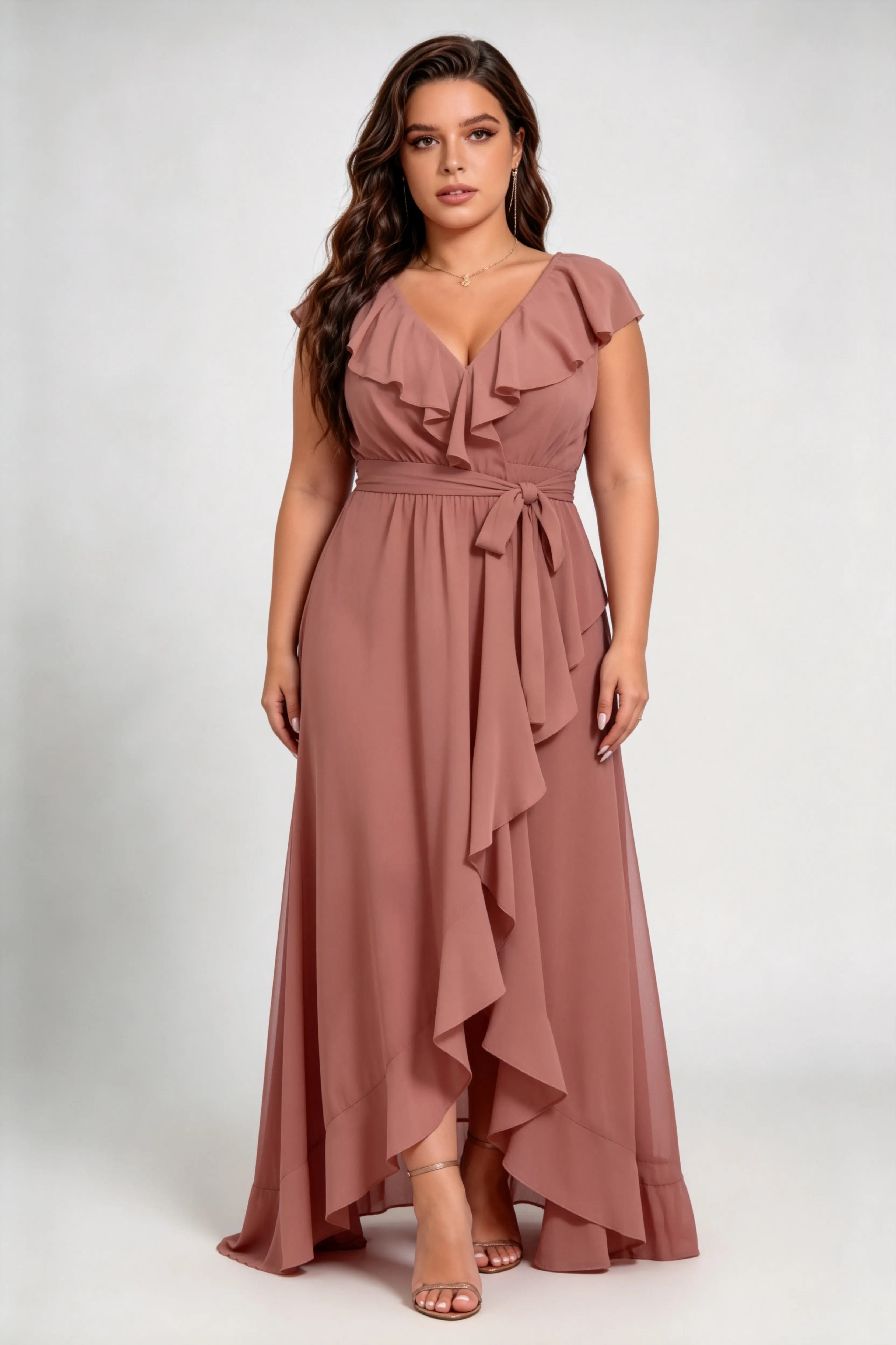 Curvy model wearing plus size pink chiffon ruffled wrap maxi bridesmaid dress with high slit & waist tie