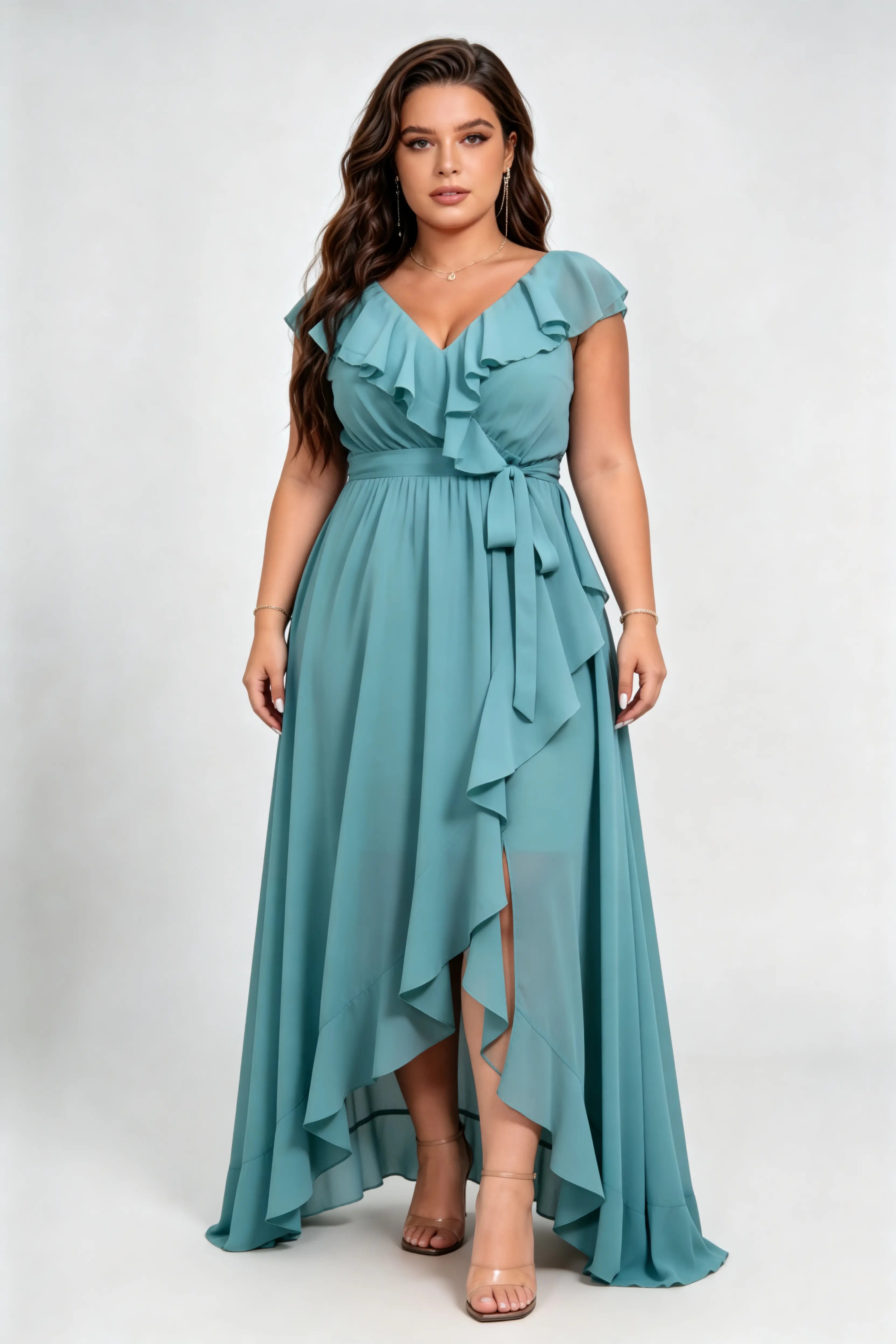 Curvy model wearing plus size green chiffon ruffled wrap maxi bridesmaid dress with high slit & waist tie