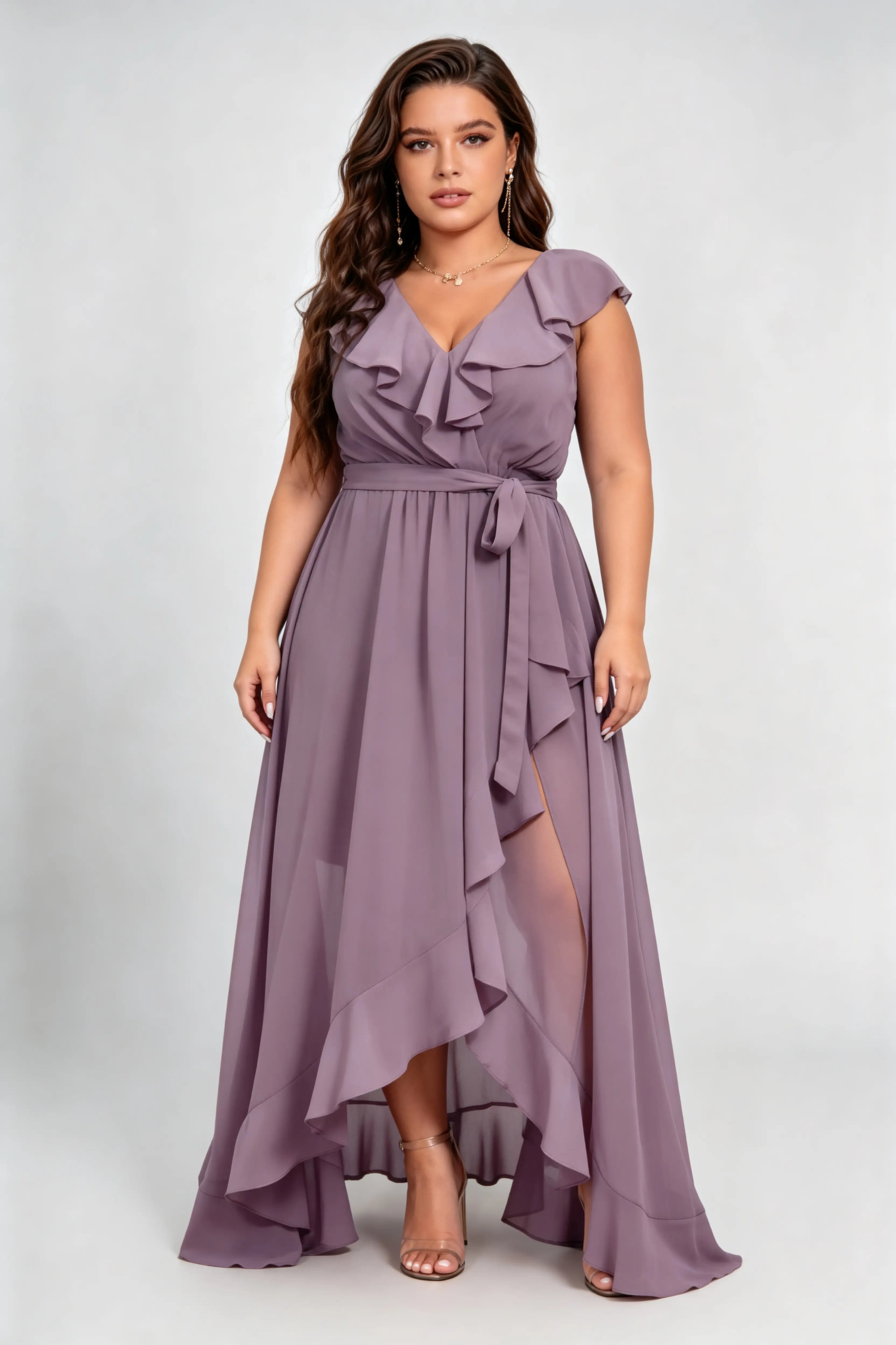 Curvy model wearing plus size purple chiffon ruffled wrap maxi bridesmaid dress with high slit & waist tie