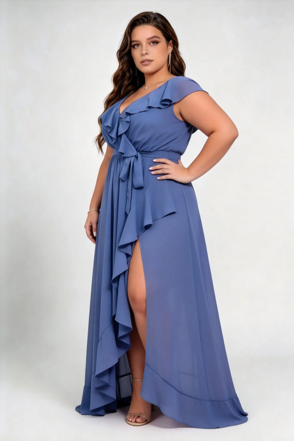 Plus Size Chiffon Ruffled Wrap Maxi Bridesmaid Dress with High Slit & Waist Tie