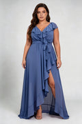Plus Size Chiffon Ruffled Wrap Maxi Bridesmaid Dress with High Slit & Waist Tie