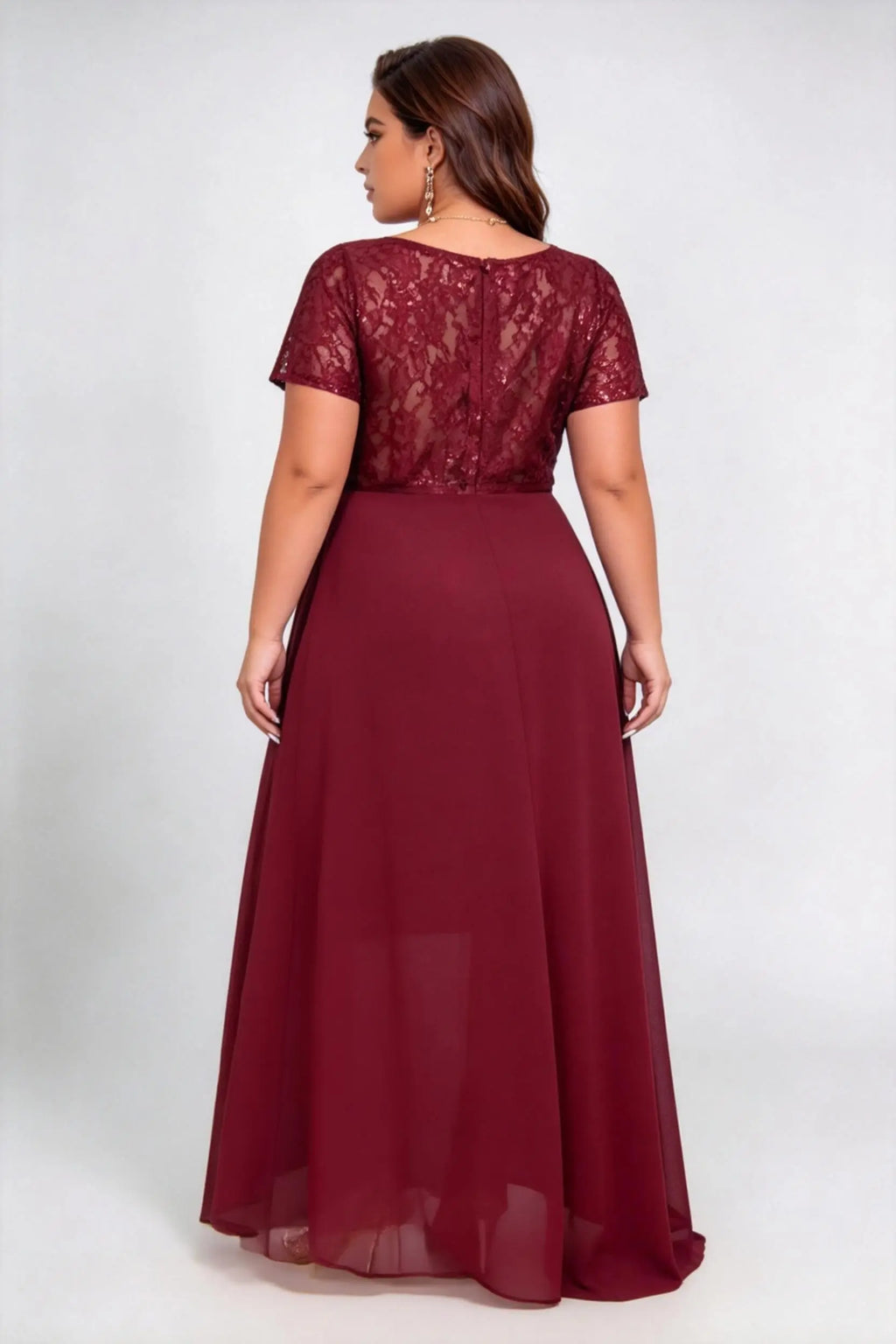 Plus Size Burgundy Sequin Lace Short Sleeve Chiffon High Low Formal Maxi Evening Dress with Side Slit