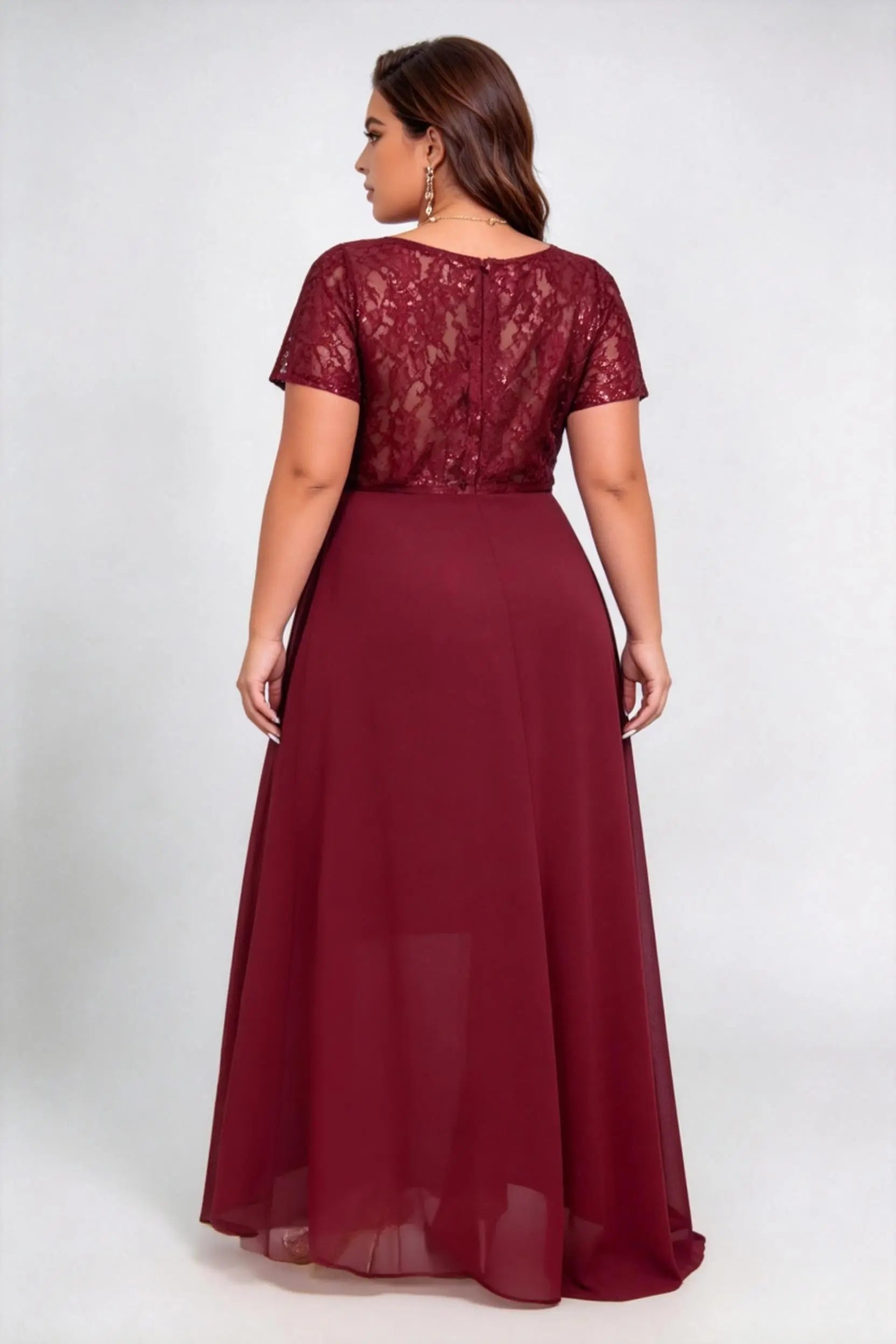 Plus Size Burgundy Sequin Lace Short Sleeve Chiffon High Low Formal Maxi Evening Dress with Side Slit