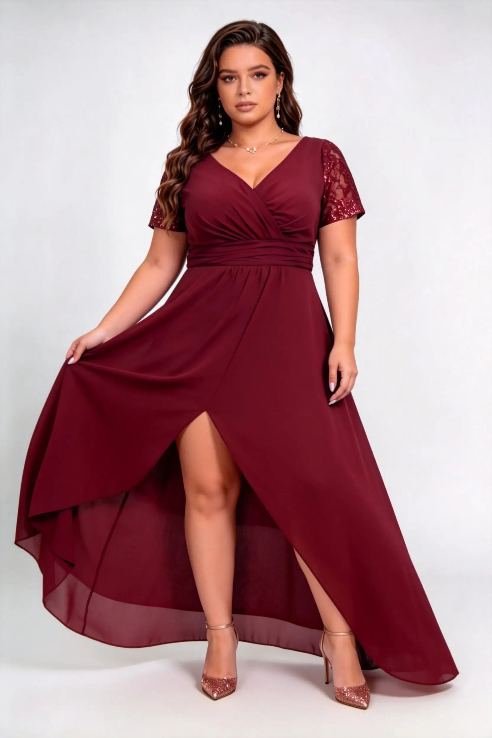 Plus Size Burgundy Sequin Lace Short Sleeve Chiffon High Low Formal Maxi Evening Dress with Side Slit