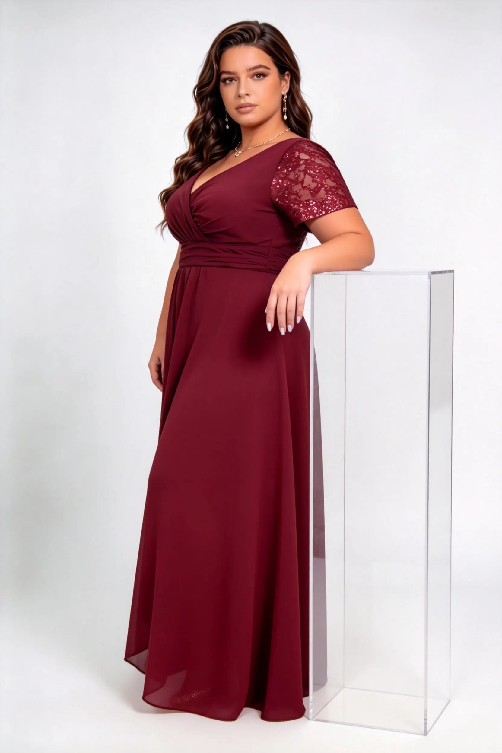 Plus Size Burgundy Sequin Lace Short Sleeve Chiffon High Low Formal Maxi Evening Dress with Side Slit