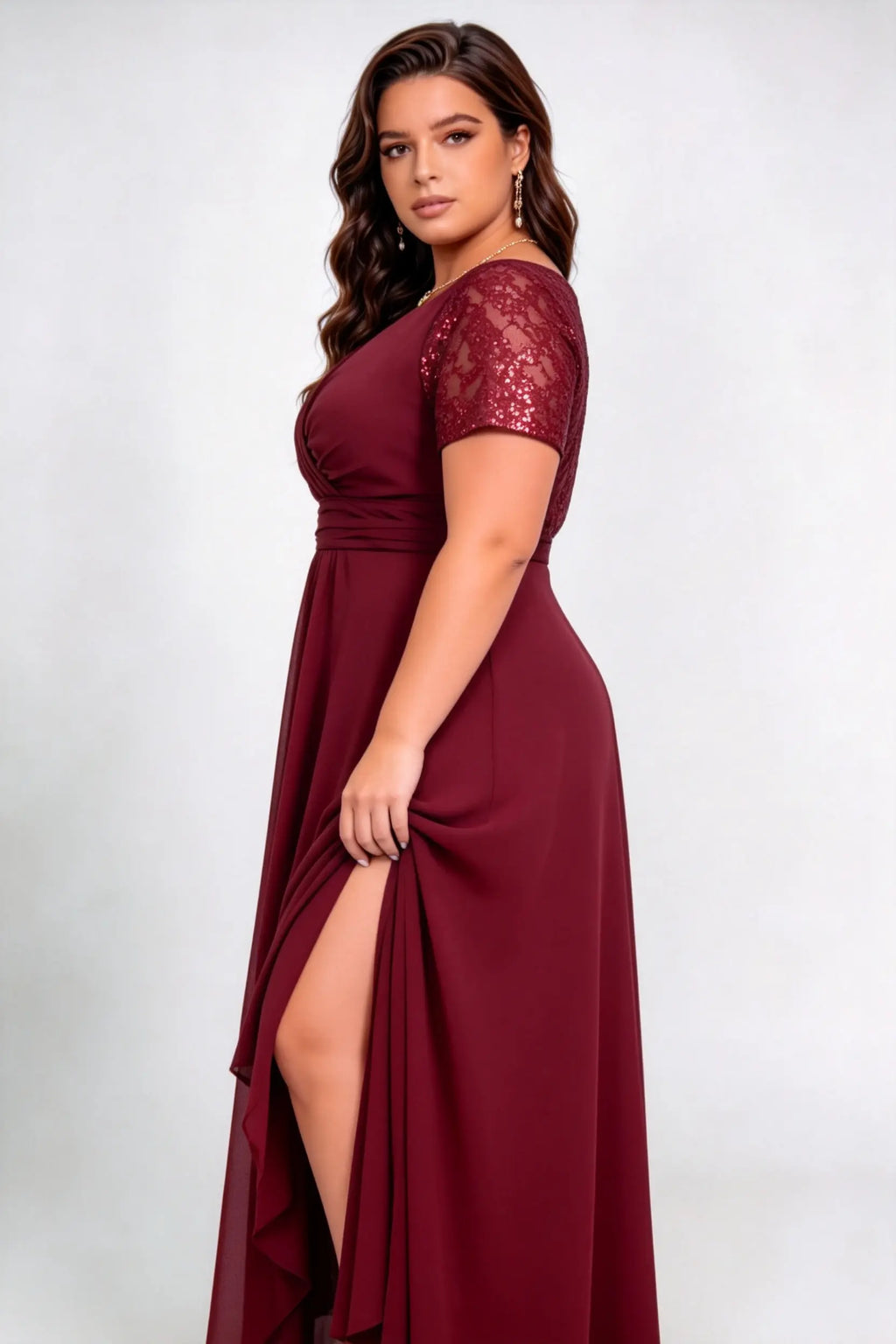 Plus Size Burgundy Sequin Lace Short Sleeve Chiffon High Low Formal Maxi Evening Dress with Side Slit