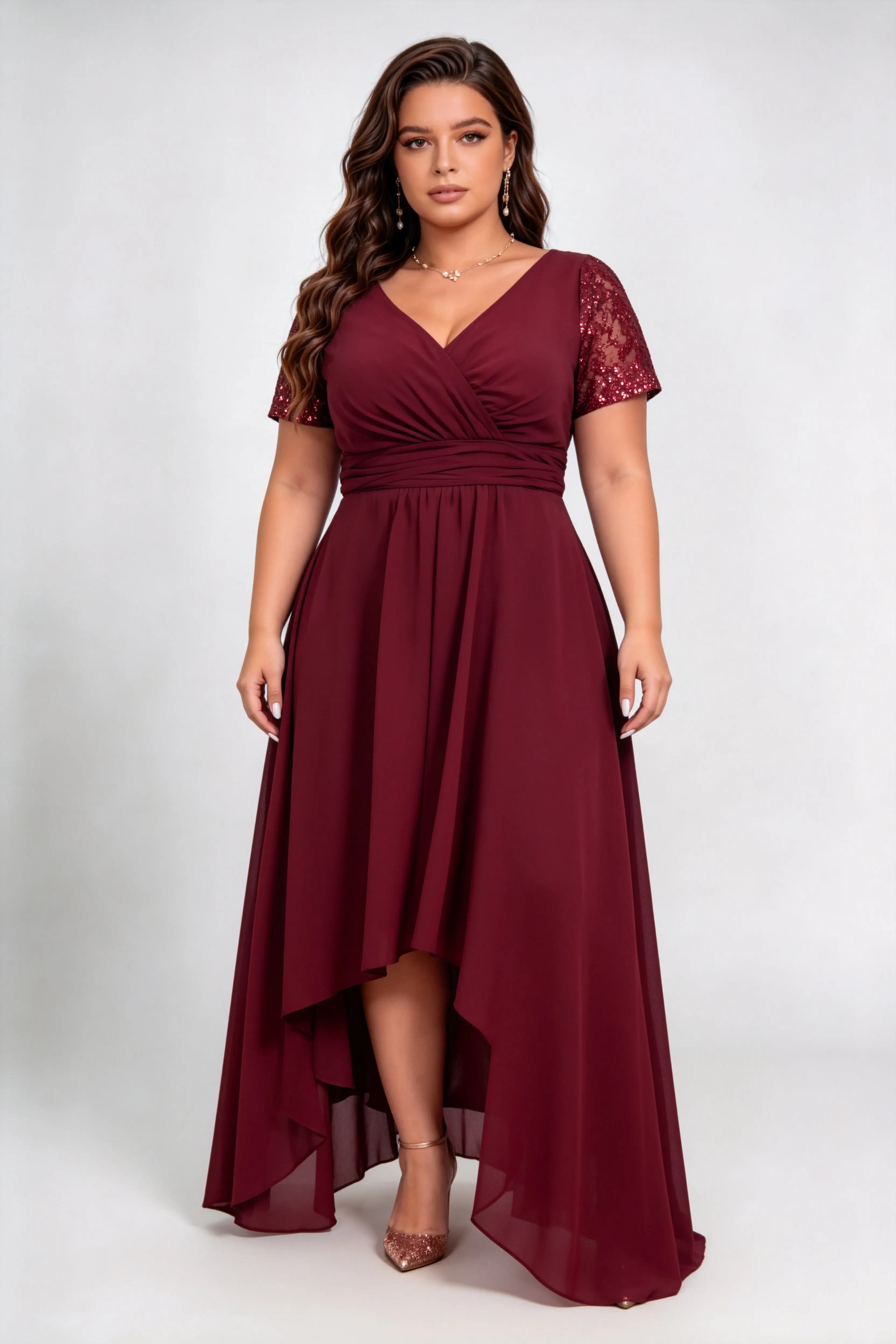 Plus Size Burgundy Sequin Lace Short Sleeve Chiffon High Low Formal Maxi Evening Dress with Side Slit
