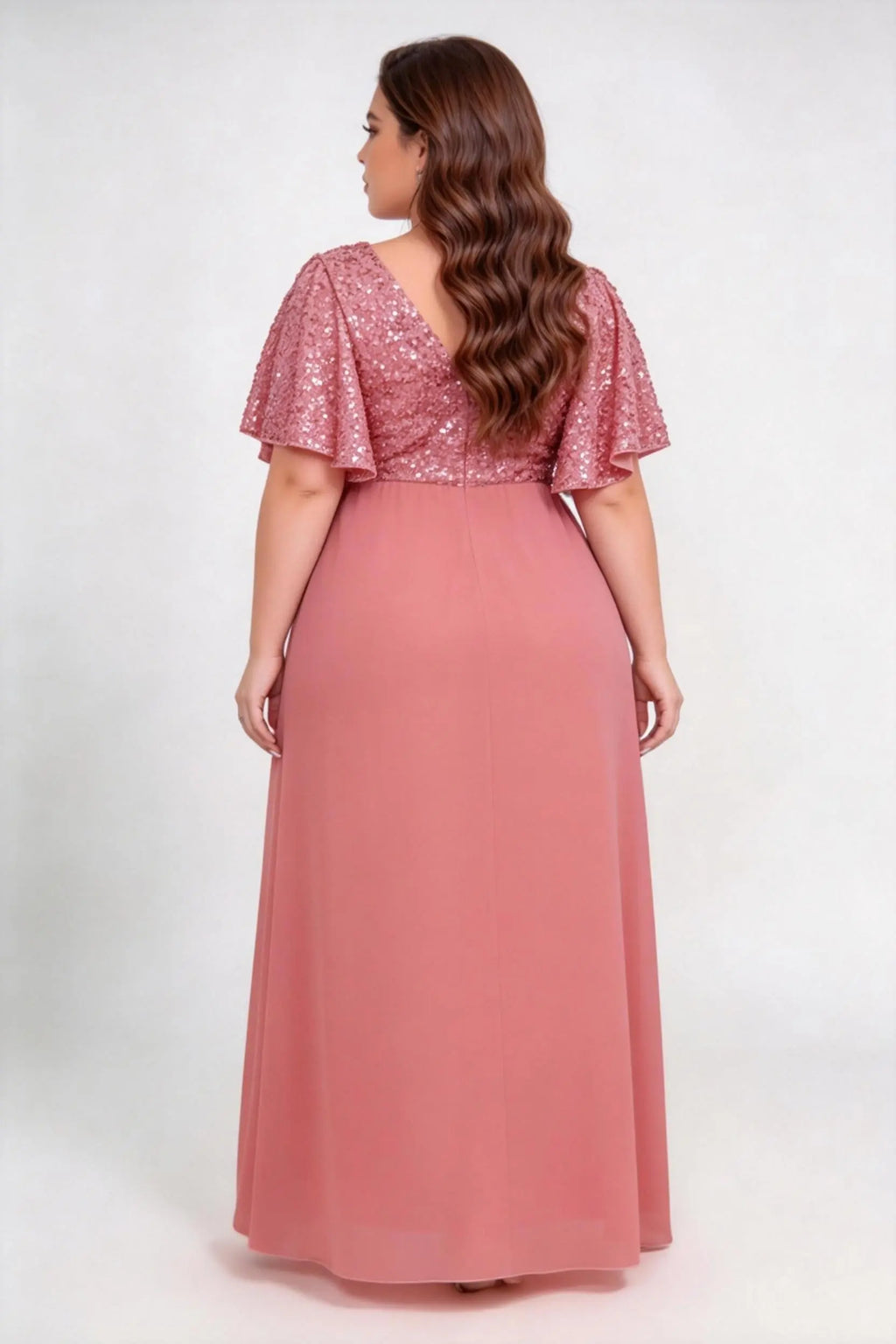 Plus Size Sequin Bodice Flutter Short Sleeve Chiffon Maxi Bridesmaid Formal Evening Dress