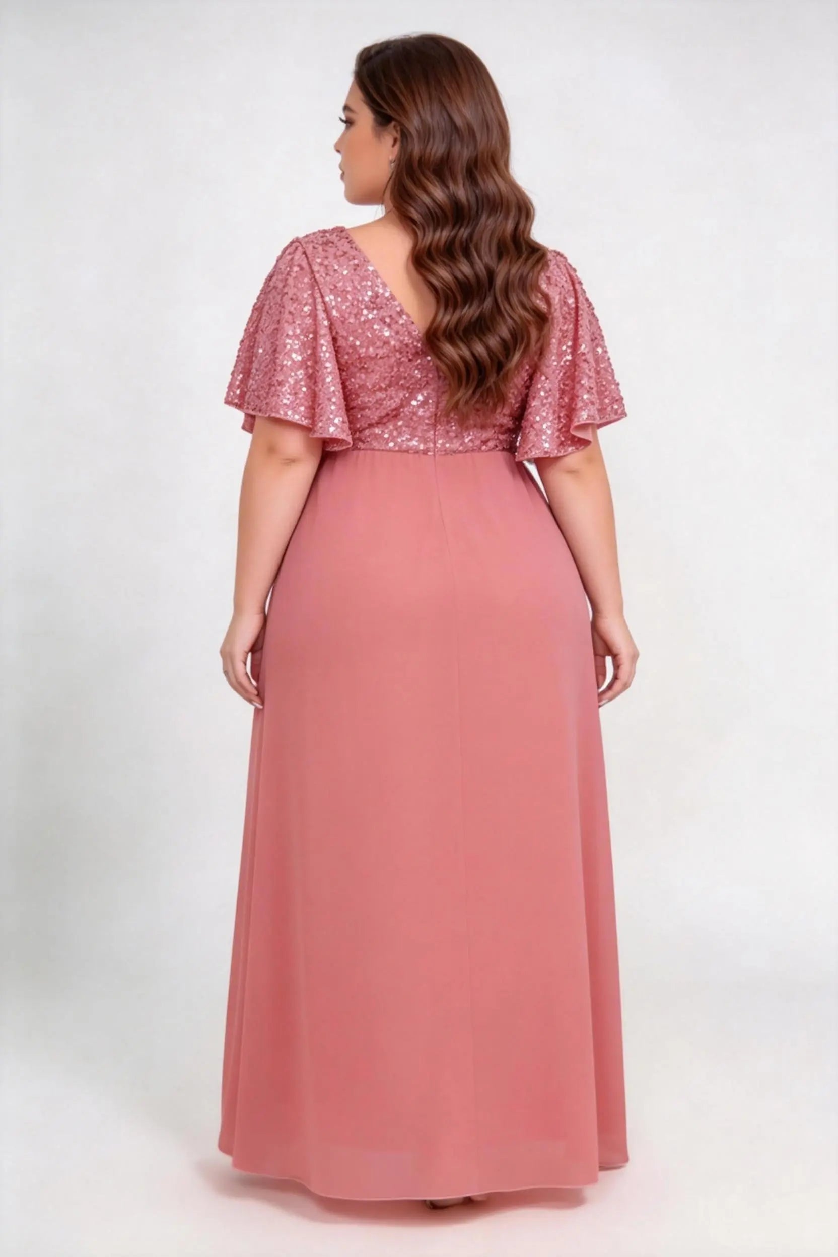 Plus Size Sequin Bodice Flutter Short Sleeve Chiffon Maxi Bridesmaid Formal Evening Dress