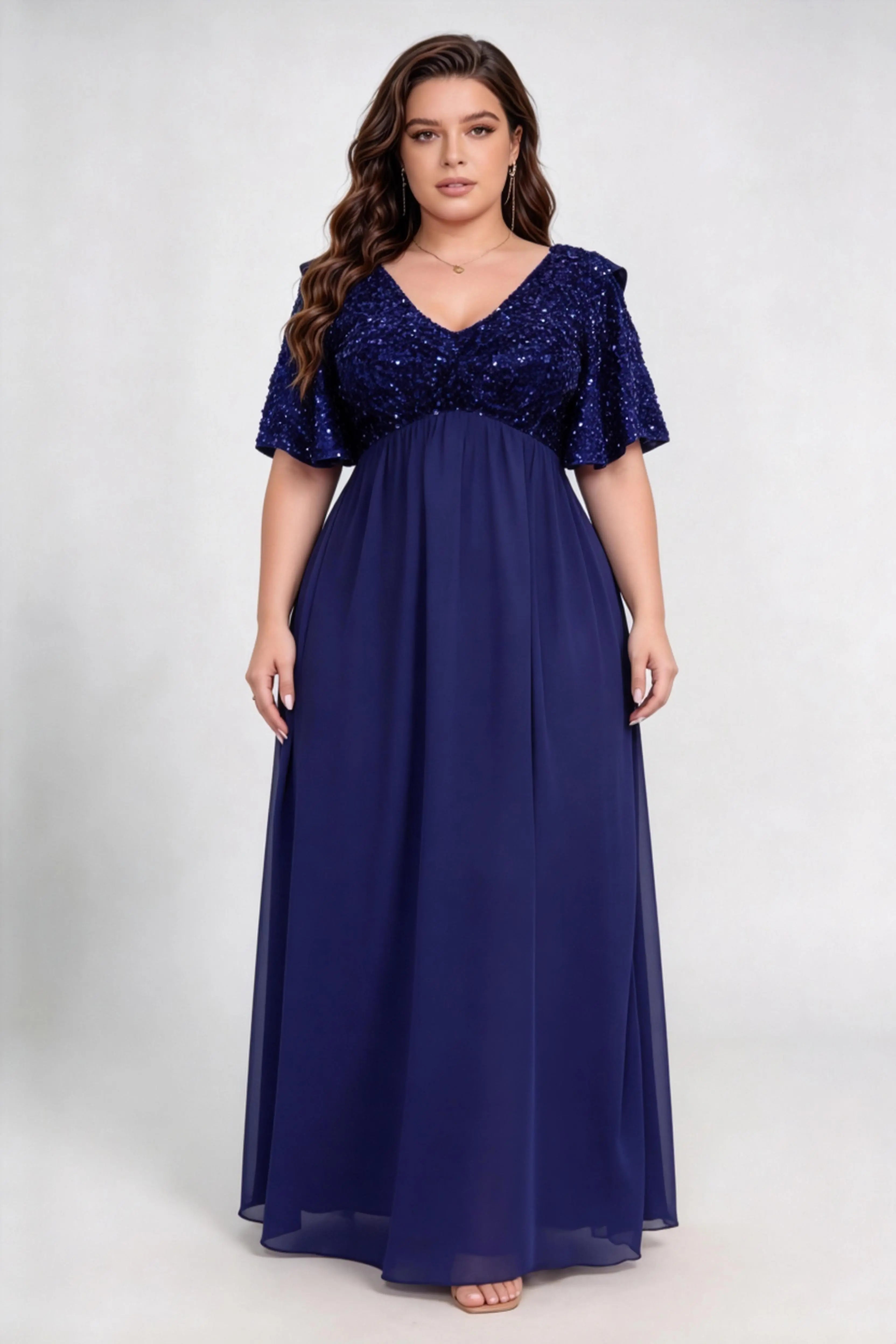 Plus Size Sequin Bodice Flutter Short Sleeve Chiffon Maxi Bridesmaid Formal Evening Dress