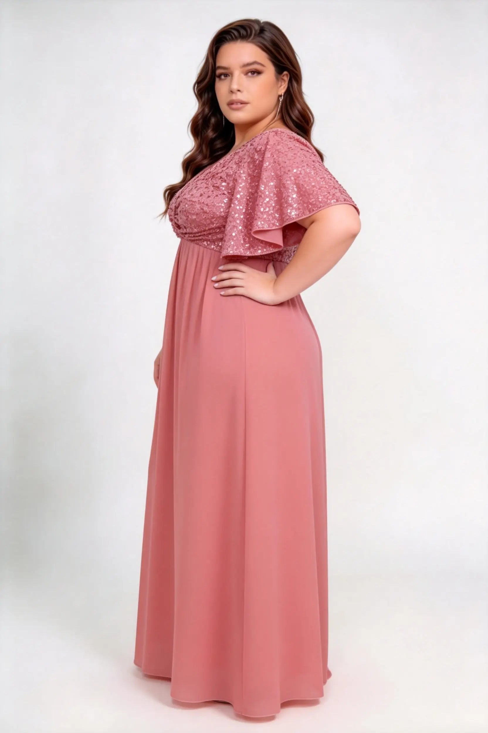 Plus Size Sequin Bodice Flutter Short Sleeve Chiffon Maxi Bridesmaid Formal Evening Dress