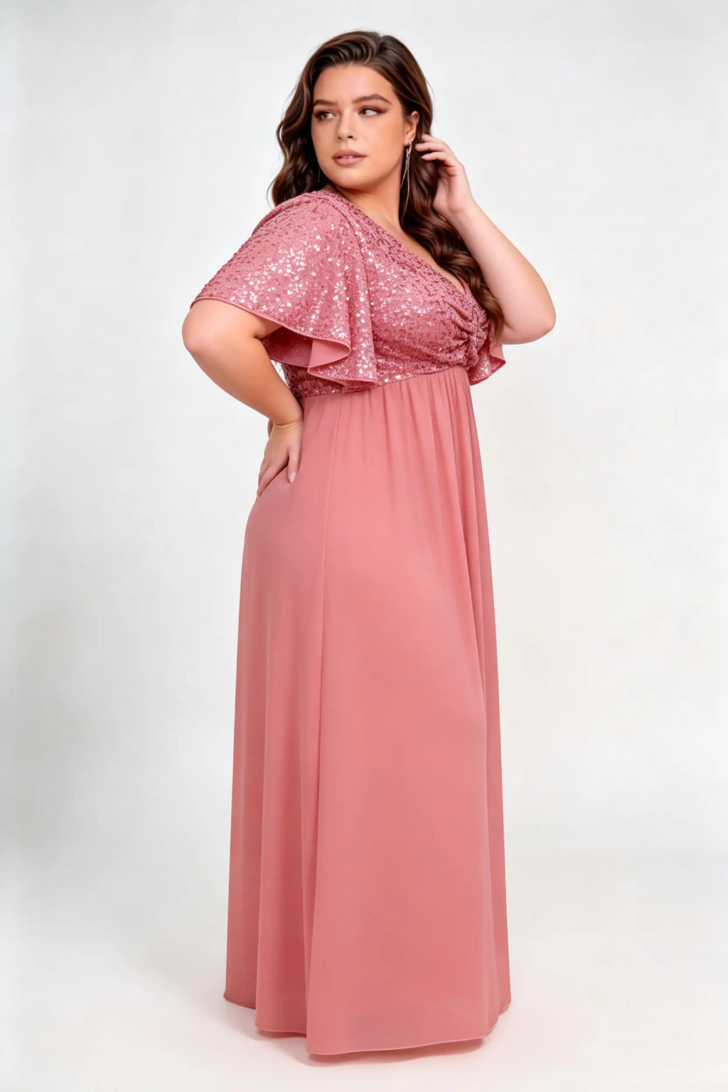Plus Size Sequin Bodice Flutter Short Sleeve Chiffon Maxi Bridesmaid Formal Evening Dress