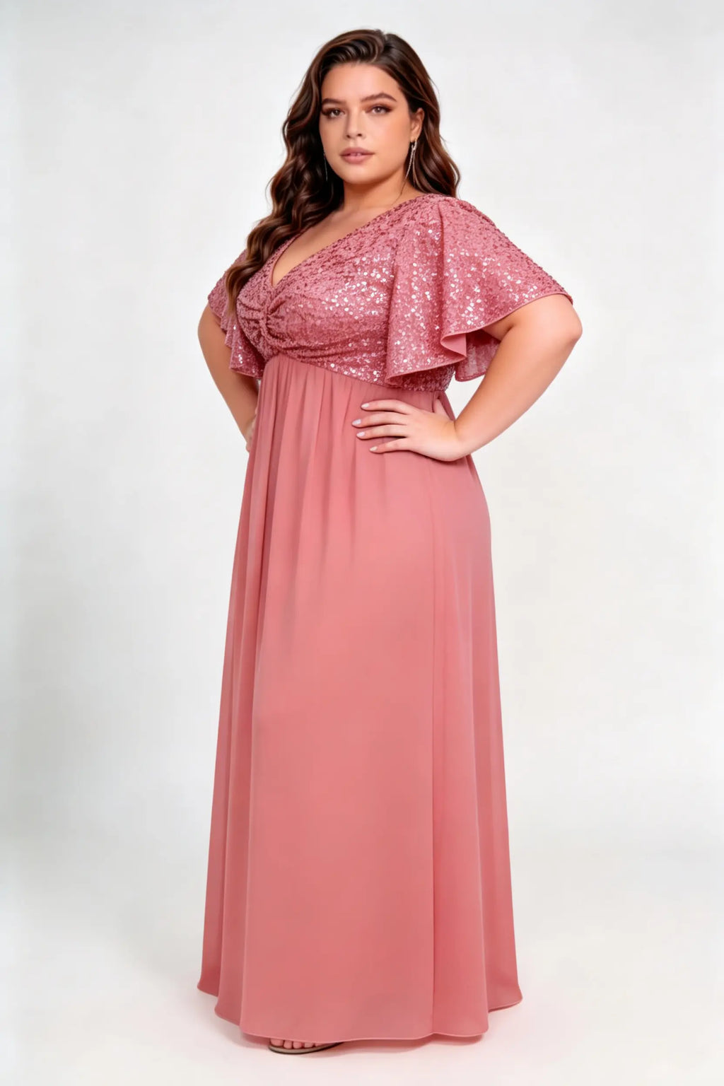 Plus Size Sequin Bodice Flutter Short Sleeve Chiffon Maxi Bridesmaid Formal Evening Dress