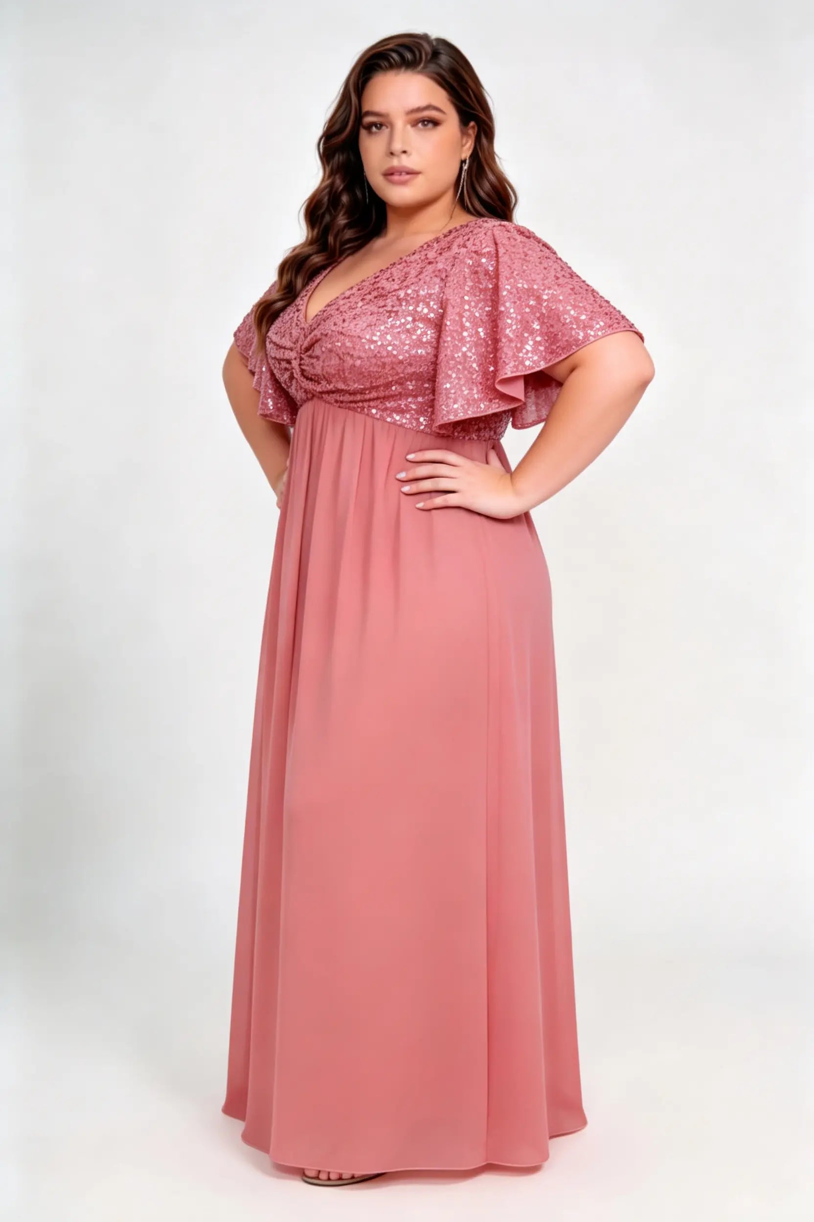 Plus Size Sequin Bodice Flutter Short Sleeve Chiffon Maxi Bridesmaid Formal Evening Dress