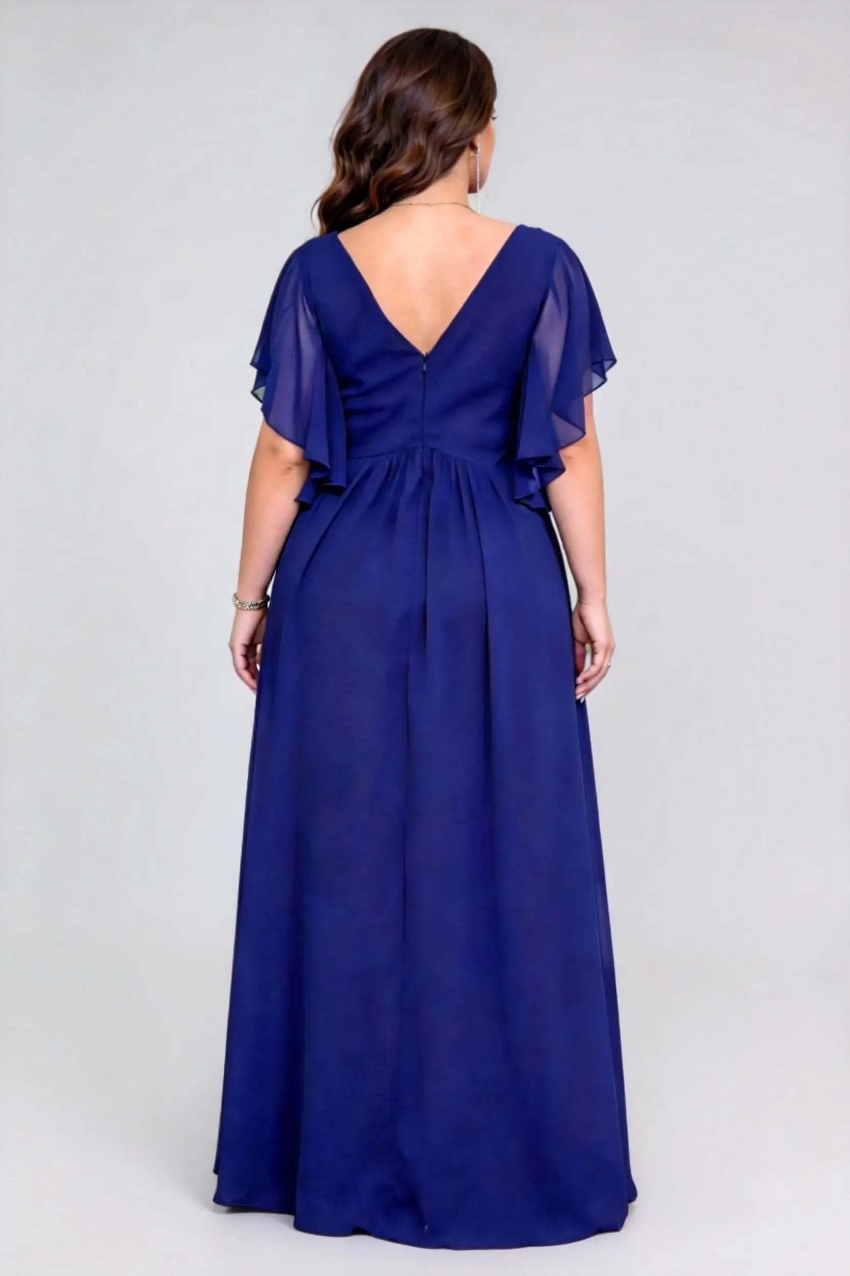 Plus Size V Neck Flutter Sleeve Ruched Sequin Waist Chiffon High Split Maxi Bridesmaid Formal Evening Dress