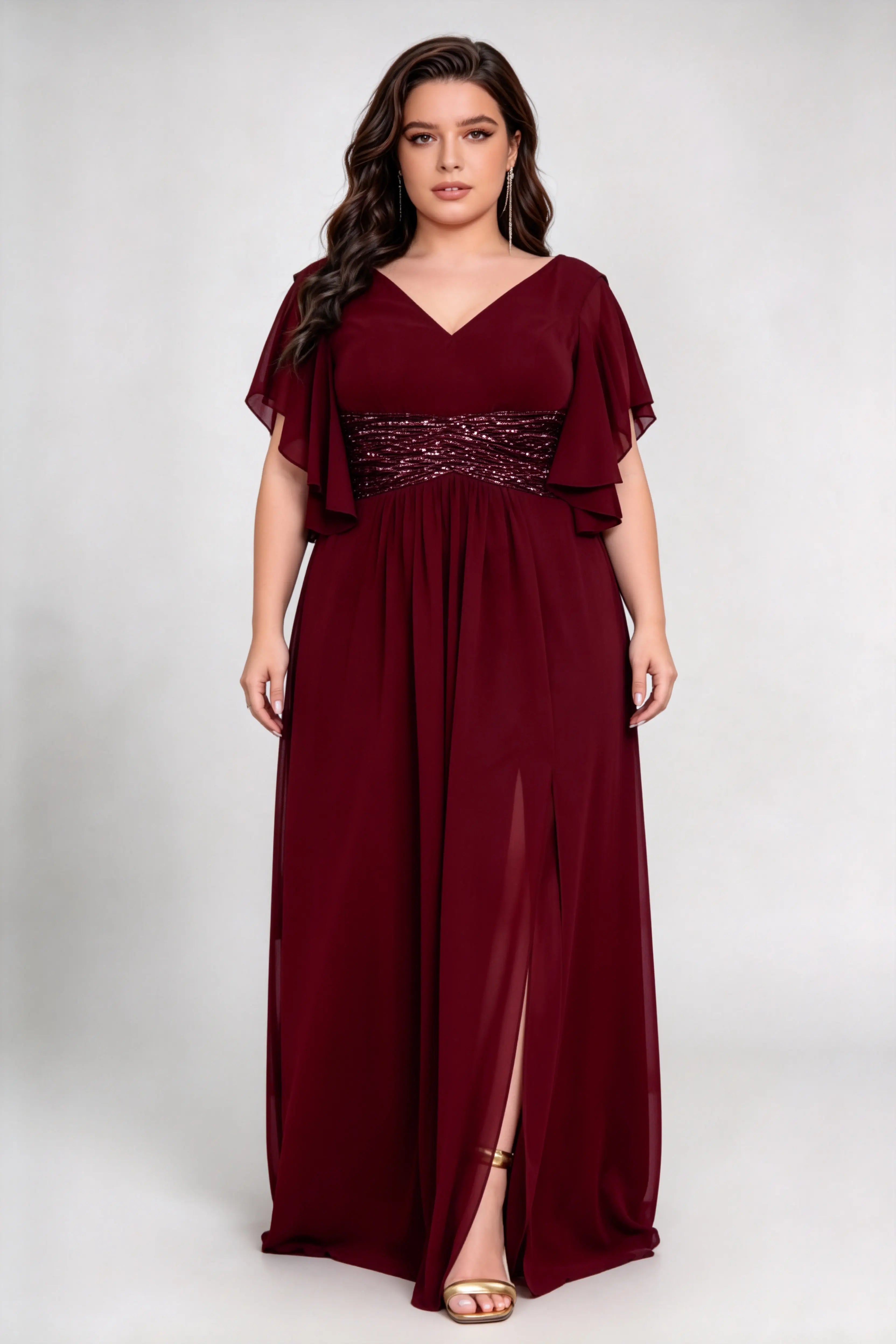 Curvy model wearing plus size burgundy v neck flutter sleeve ruched sequin waist chiffon high split maxi bridesmaid formal evening dress
