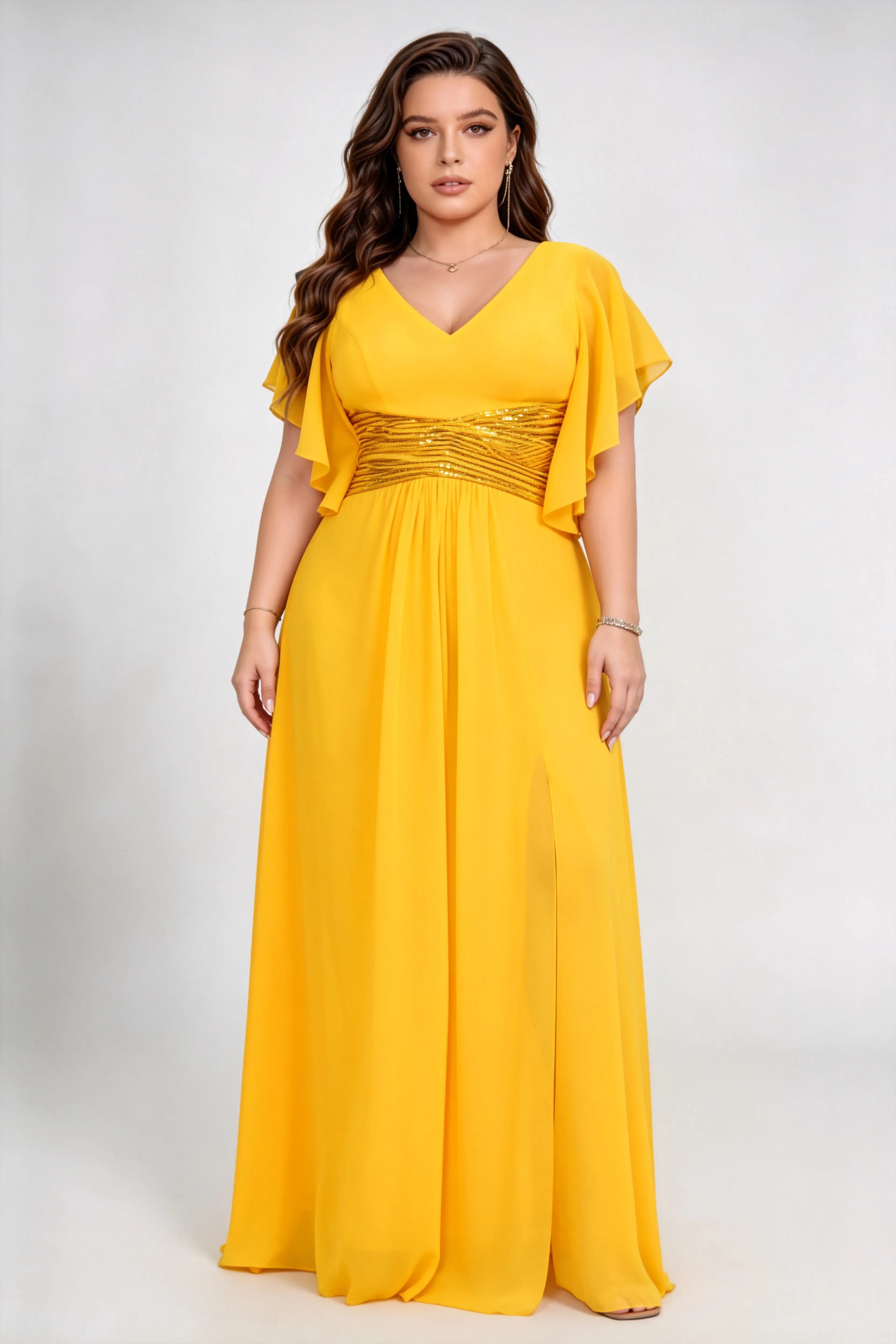 Curvy model wearing plus size yellow v neck flutter sleeve ruched sequin waist chiffon high split maxi bridesmaid formal evening dress