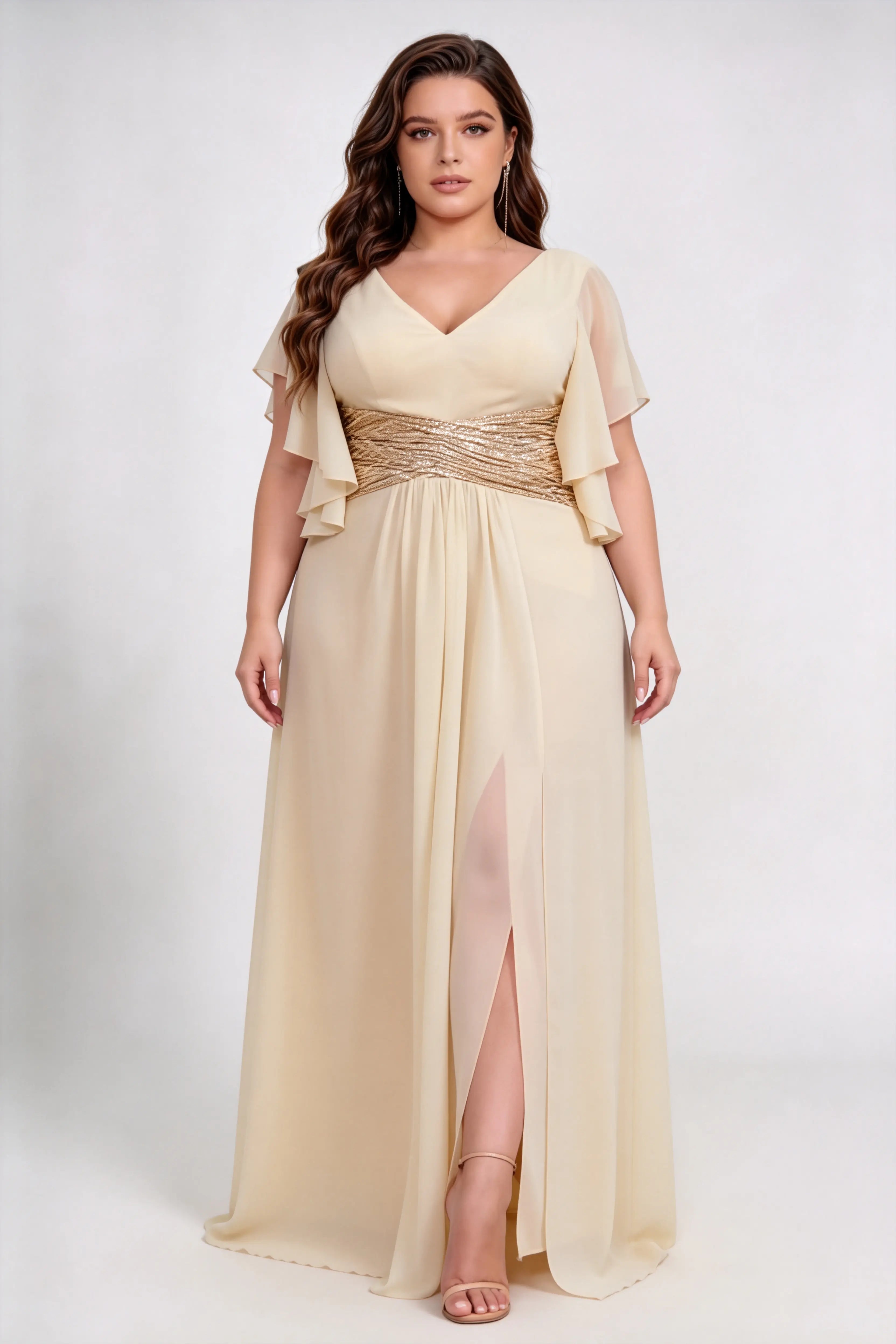 Curvy model wearing plus size apricot v neck flutter sleeve ruched sequin waist chiffon high split maxi bridesmaid formal evening dress