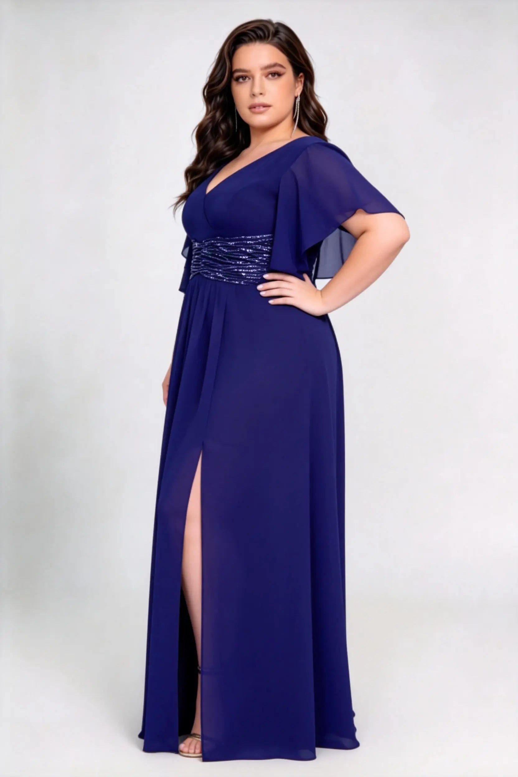 Plus Size V Neck Flutter Sleeve Ruched Sequin Waist Chiffon High Split Maxi Bridesmaid Formal Evening Dress