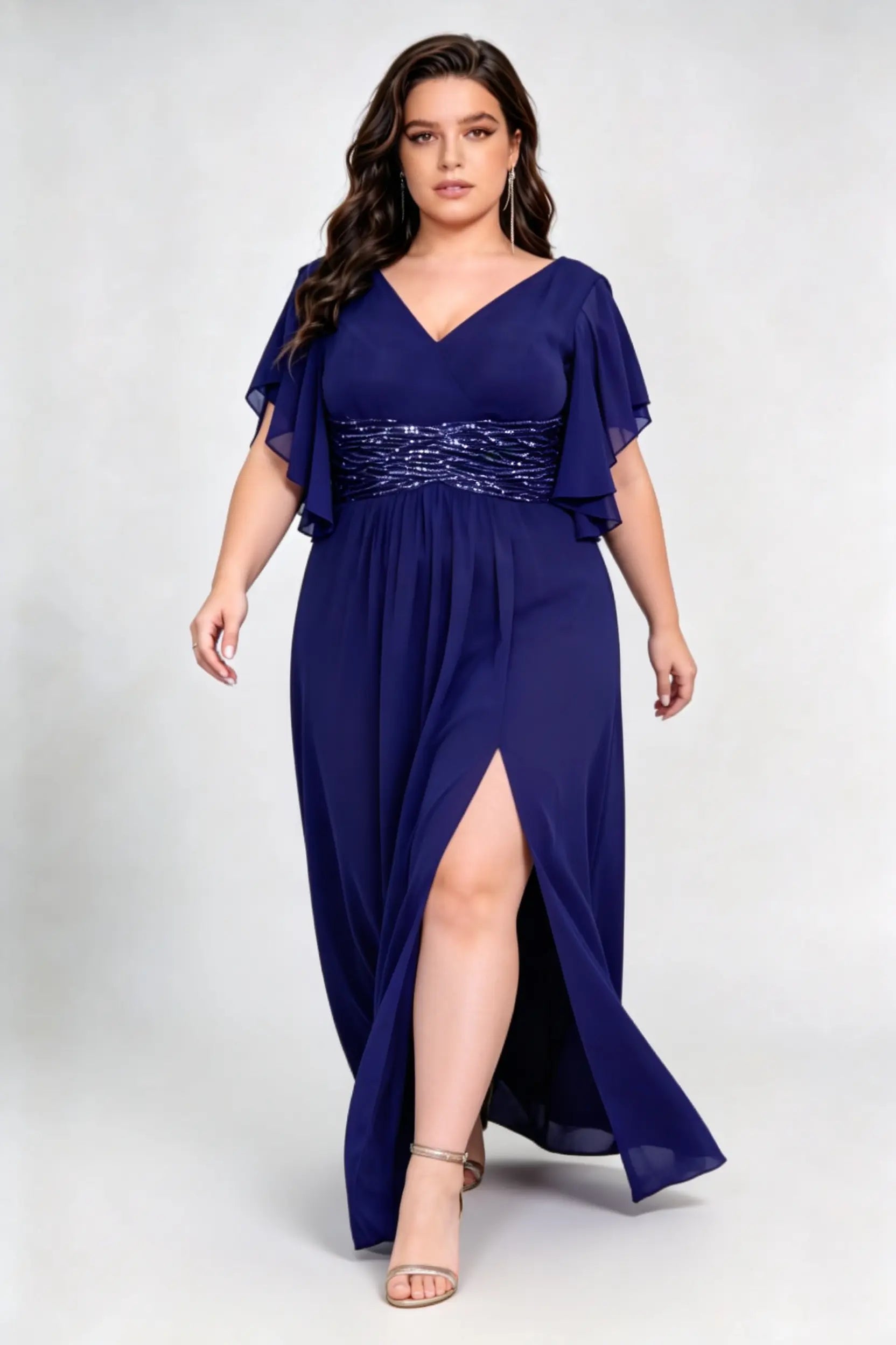 Plus Size V Neck Flutter Sleeve Ruched Sequin Waist Chiffon High Split Maxi Bridesmaid Formal Evening Dress