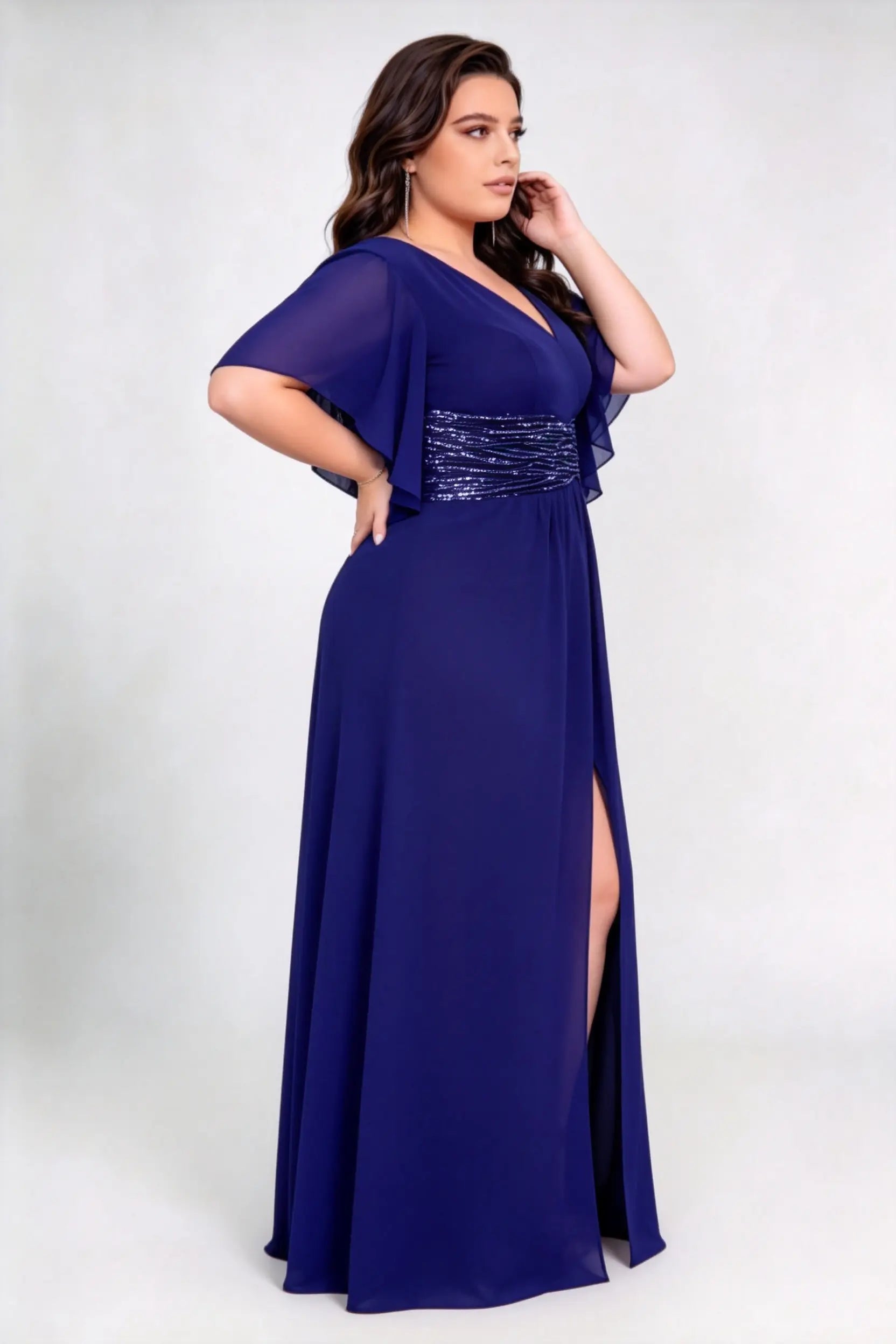 Plus Size V Neck Flutter Sleeve Ruched Sequin Waist Chiffon High Split Maxi Bridesmaid Formal Evening Dress