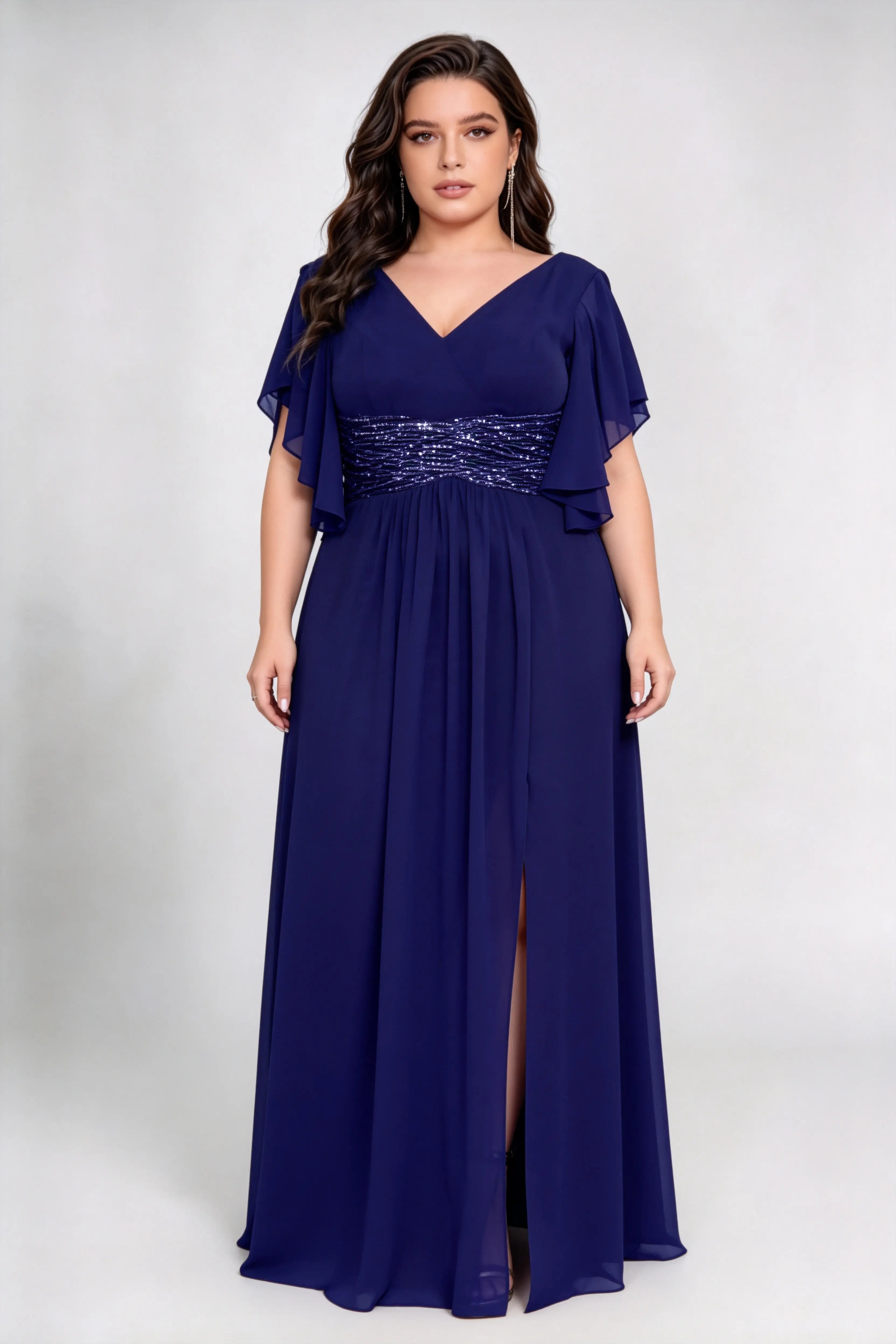 Plus Size V Neck Flutter Sleeve Ruched Sequin Waist Chiffon High Split Maxi Bridesmaid Formal Evening Dress