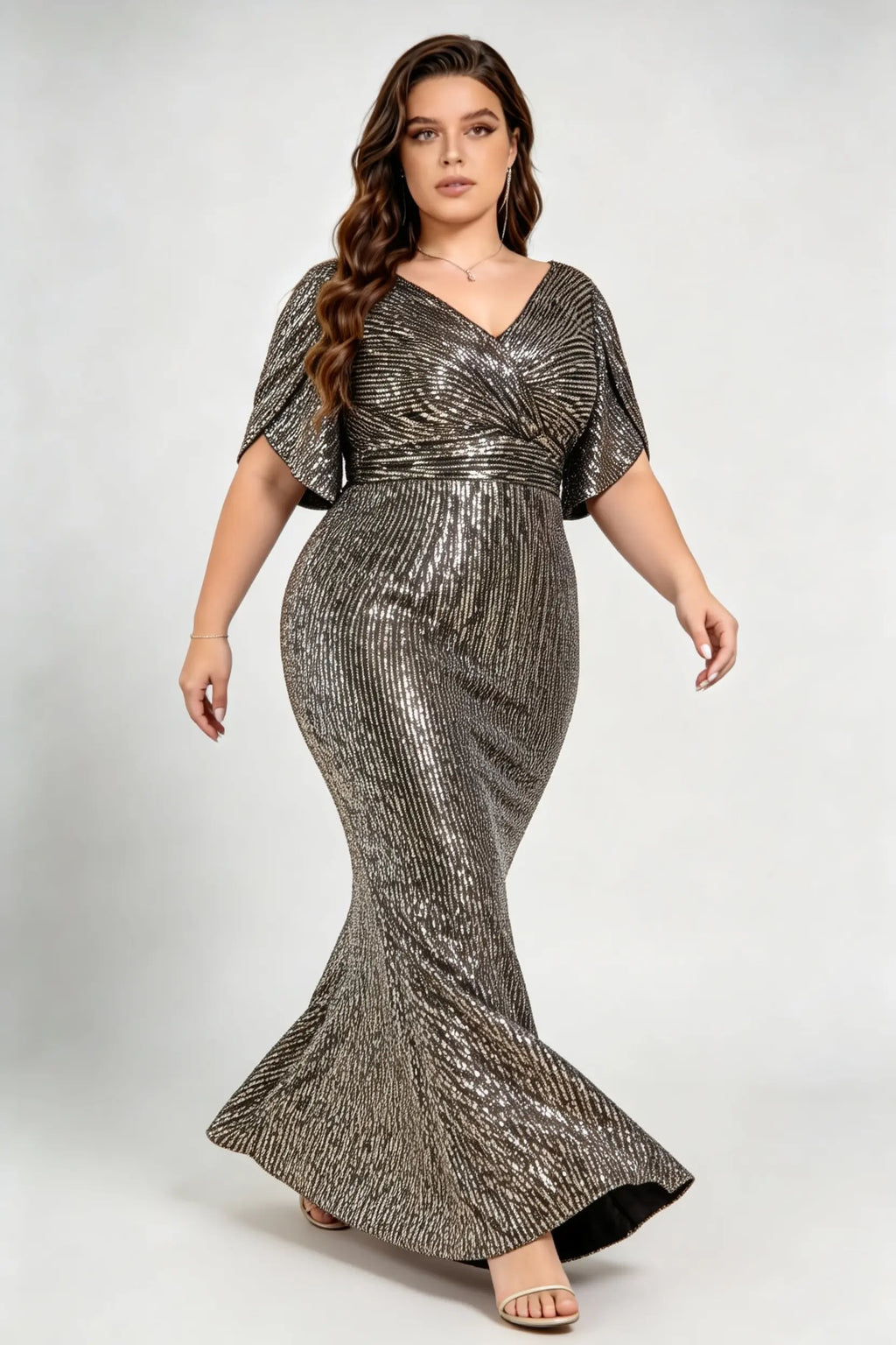 Plus Size Vertical Sequin Wrap V Neck Flutter Sleeve Mermaid Maxi Formal Evening Gown