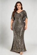 Plus Size Vertical Sequin Wrap V Neck Flutter Sleeve Mermaid Maxi Formal Evening Gown