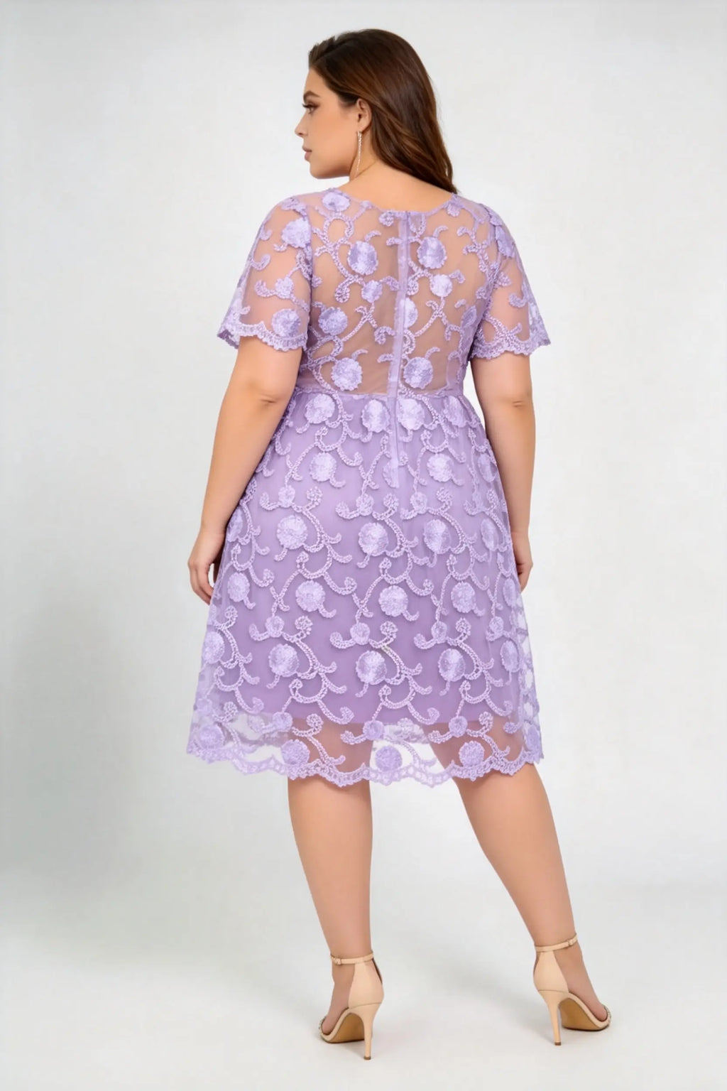Plus Size Lilac Floral Embroidery Lace Deep V Short Sleeve Knee Length A Line Formal Cocktail Dress