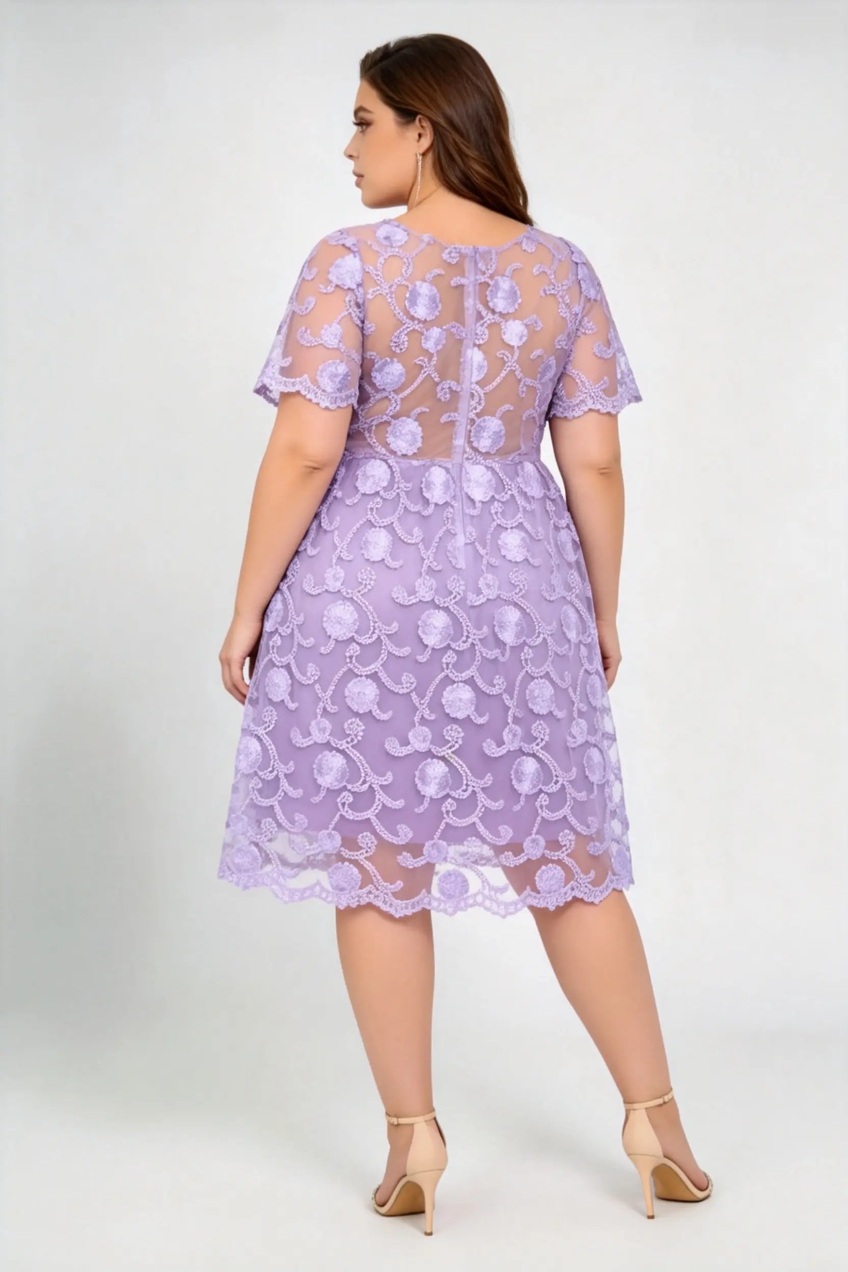 Plus Size Lilac Floral Embroidery Lace Deep V Short Sleeve Knee Length A Line Formal Cocktail Dress